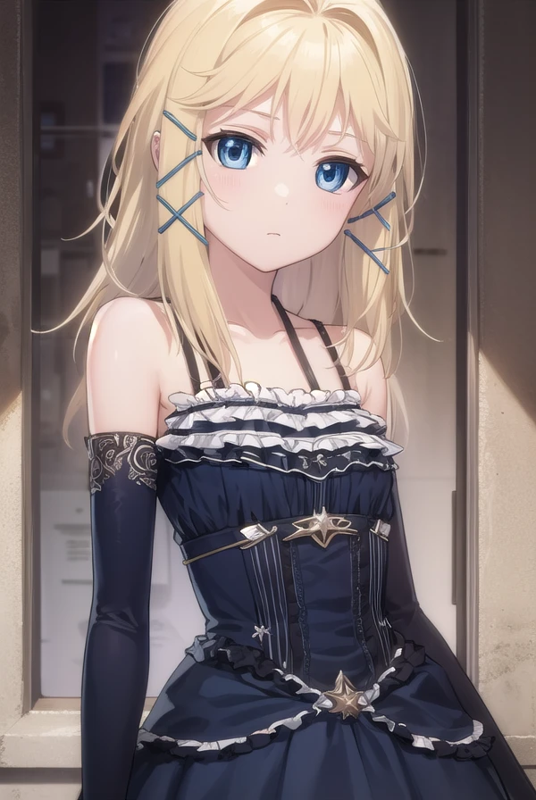 tinasprout, <lora:tina sprout s1-lora-nochekaiser:1>,
tina sprout, long hair, blonde hair, hair ornament, blue eyes,
BREAK gloves, dress, bare shoulders, frills, black gloves, elbow gloves, blue dress, frilled dress,
BREAK indoors,
BREAK looking at viewer, (cowboy shot:1.5),
BREAK <lyco:GoodHands-beta2:1>, (masterpiece:1.2), best quality, high resolution, unity 8k wallpaper, (illustration:0.8), (beautiful detailed eyes:1.6), extremely detailed face, perfect lighting, extremely detailed CG, (perfect hands, perfect anatomy),