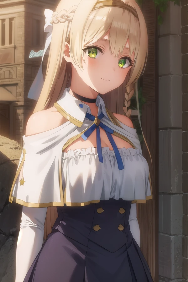 klaudiavalentz, <lora:klaudia valentz s1-lora-nochekaiser:1>,
klaudia valentz, long hair, blonde hair, bow, ribbon, (green eyes:1.3), braid, hairband, side braid, smile,
BREAK skirt, gloves, cleavage, choker, capelet, bridal gauntlets, white capelet,
BREAK outdoors,
BREAK looking at viewer, (cowboy shot:1.5),
BREAK <lyco:GoodHands-beta2:1>, (masterpiece:1.2), best quality, high resolution, unity 8k wallpaper, (illustration:0.8), (beautiful detailed eyes:1.6), extremely detailed face, perfect lighting, extremely detailed CG, (perfect hands, perfect anatomy),
