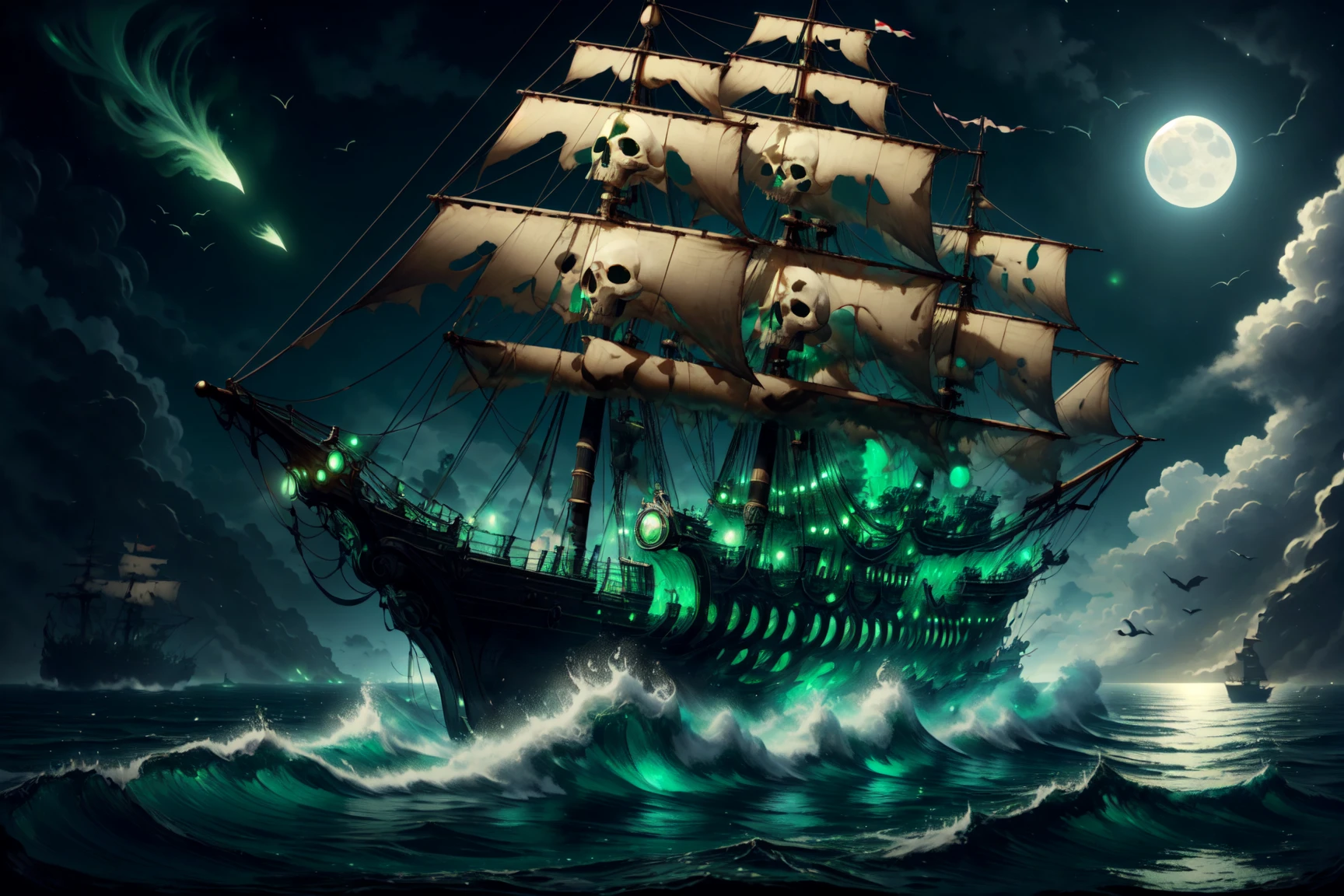 masterpiece, best quality, absurdres, <lora:GhostPirateWorld:1> ghostpirateworld, green glow, green glowing aura, ghost ship, sailing, ocean, skeletal, bones, night, volumetric lighting, moonlight, mist, fog, gloomy,