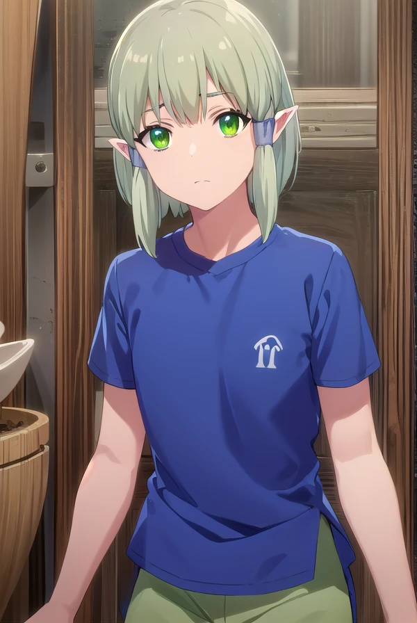 banishedal, <lora:banished al s1-lora-nochekaiser:1>,
banished al, short hair, (green eyes:1.3), sidelocks, green hair, pointy ears, hair tubes, elf,
BREAK shirt, short sleeves, pants, blue shirt, green pants,
BREAK outdoors,
BREAK looking at viewer, (cowboy shot:1.5),
BREAK <lyco:GoodHands-beta2:1>, (masterpiece:1.2), best quality, high resolution, unity 8k wallpaper, (illustration:0.8), (beautiful detailed eyes:1.6), extremely detailed face, perfect lighting, extremely detailed CG, (perfect hands, perfect anatomy),