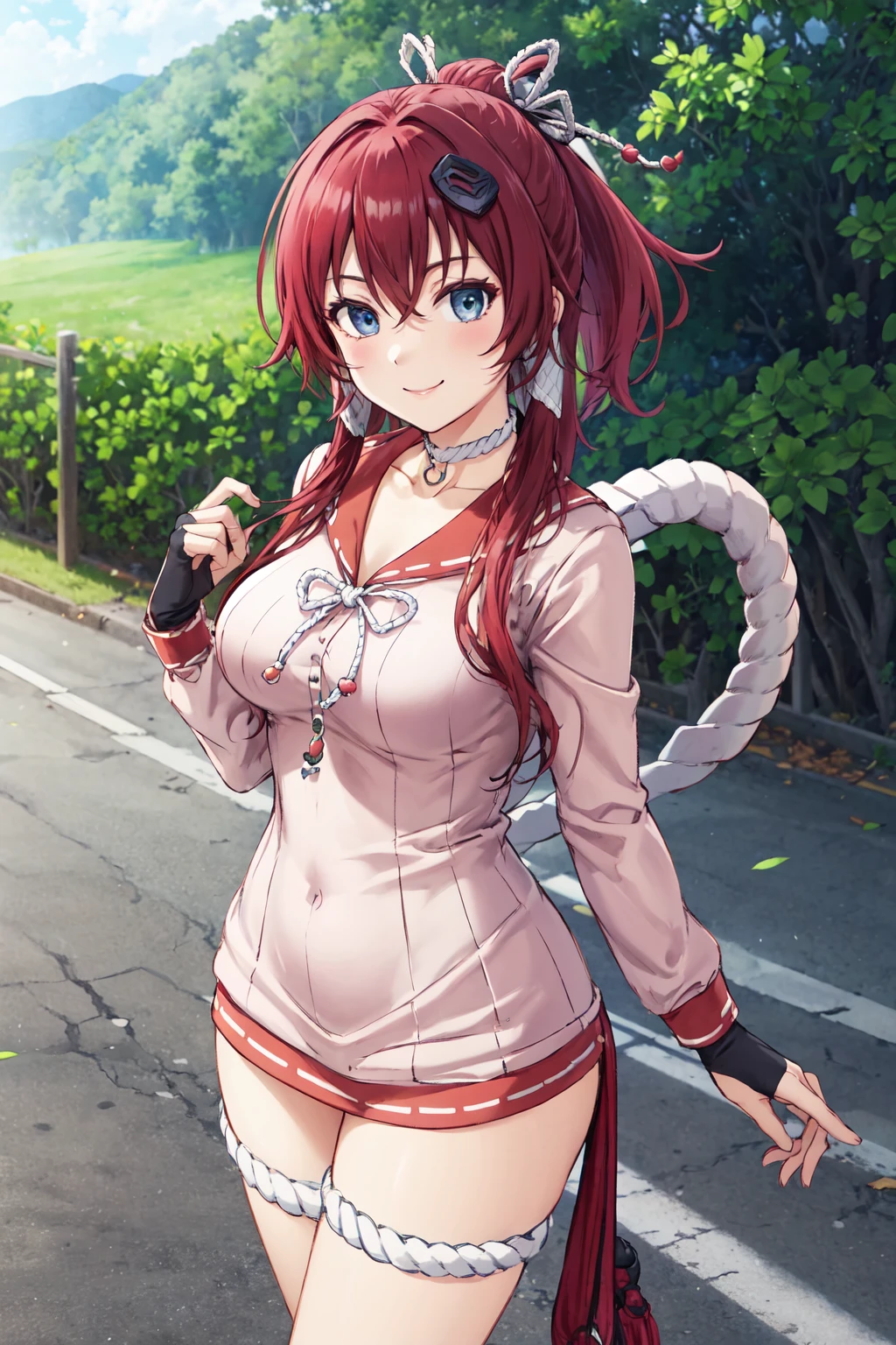 masterpiece,best quality,highres,ultra-detailed,yagyuu juubei \(hyakka ryouran\),ahoge,long hair,ponytail,hair between eyes,hair ribbon,hair ornament,large breasts,choker,collar,bowtie,dress,pink dress,long sleeves,fingerless gloves,black gloves,rope,white rope,thigh strap,socks,sandals,<lora:yagyuu_juubei_(hyakka_ryouran):0.7>,outdoors,standing,cowboy shot,smile,