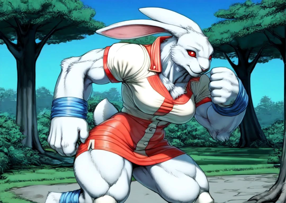 anthro,
female,
solo,
nurse outifit,
white fur,
white body,
red chocker,
white nurse outfit,
<white jacket:1.3>,
white nurse outfit,
white clothes,
blue short,
blue spats,
blue bracelets,
blue socks,
blue armguards,
red eyes,
standing,
fighting,
fighting pose,
park,
trees,
no people,
<lora:Rabbit_Bloody_Roar:1> rabbit_bloody_roar, (best quality, good quality:1.4),
(by dagasi, by daigaijin),
