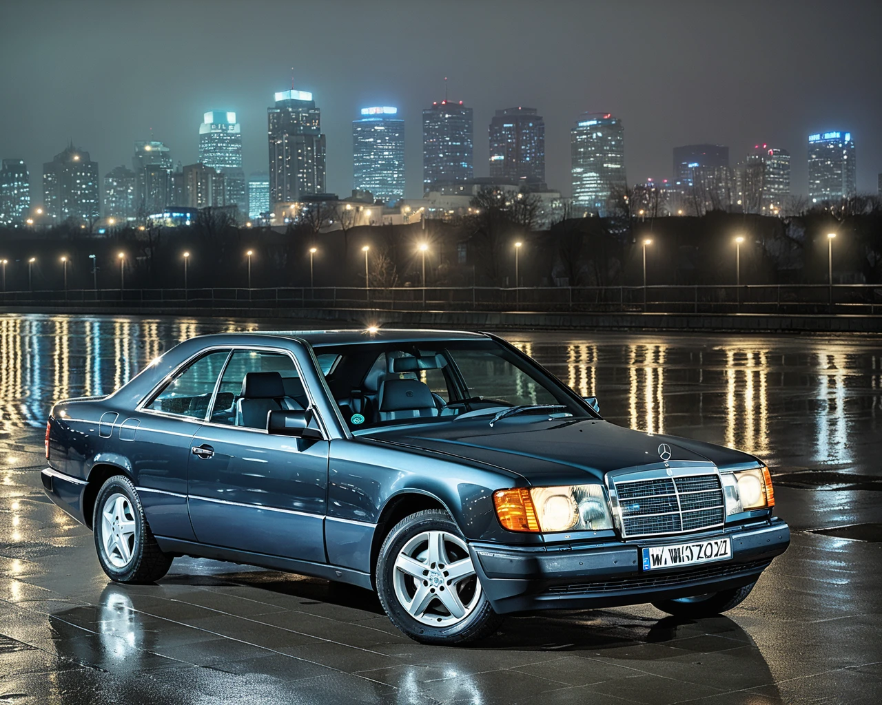 a photo of (w124 car with mercedes-benz badges) (with 5-spoke wheels), rainy night, empty parking, city skyline in background