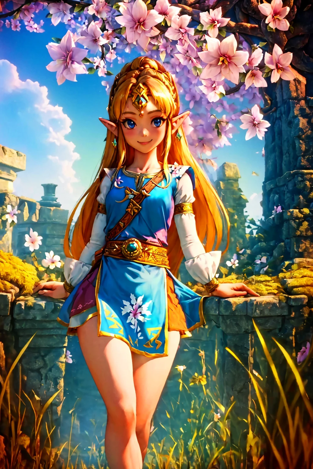 masterpiece, ultra-detailed, best quality, illustration, 8k cg wallpaper, an extremely delicate and beautiful, 1girl, Princess Zelda /(The Legend of Zelda/), solo, perfect anatomy, smiling, blushing, perfect arms, perfect hands, perfect fingers, perfect legs, cute, pretty, beautiful, sexy, perfect body, (background: flowery field, grass, trees, flowers, ruins, intricately detailed items in background), <lora:Unravel:1>