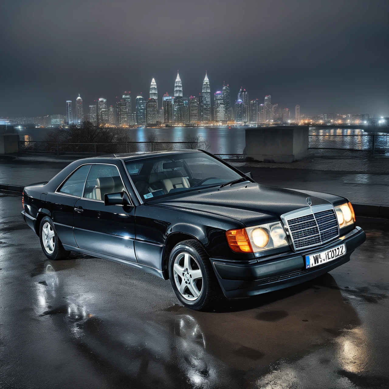 (masterpiece, highly detailed), a photo of (w124 car with mercedes-benz badges) (with 5-spoke wheels) (with empty numberplate), rainy night, empty parking, city skyline in background