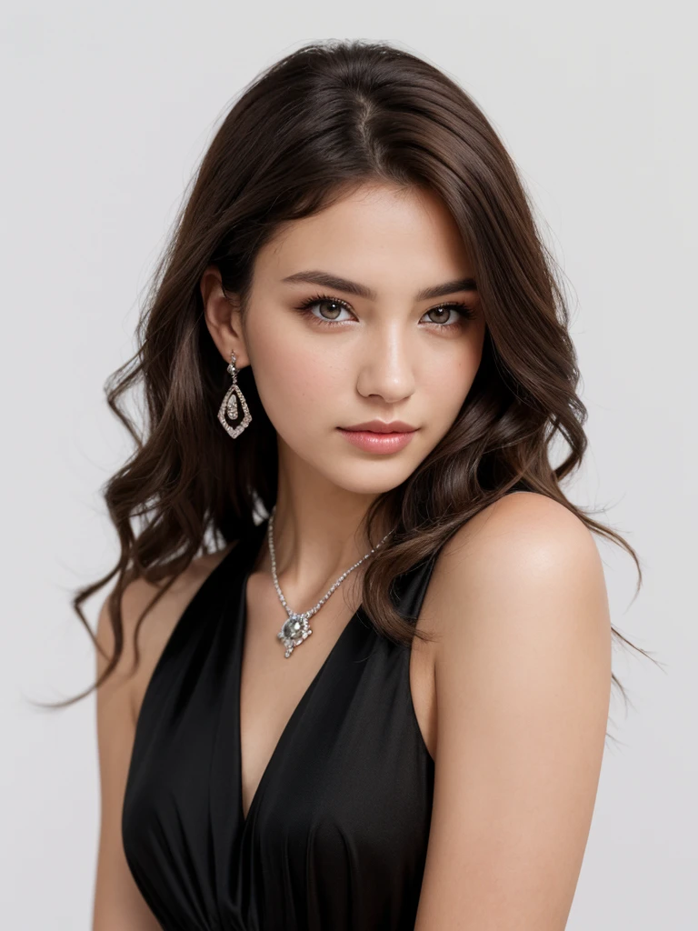 fashion photography, studio lighting, soft light, highly detailed skin, upper body, face focus, BREAK,
1girl, solo, age 18, 18yo,  pose for magazine, look at viewer, wearing (elegant black dress:1.4), (elegant (diamonds:1.1) and gems earrings:1.1), (elegant (diamonds:1.1) and gems necklaces:1.1), BREAK,
(white background:1.4), BREAK,
wavy hair, (brown hair:1.4), (brown eyes:1.4)
