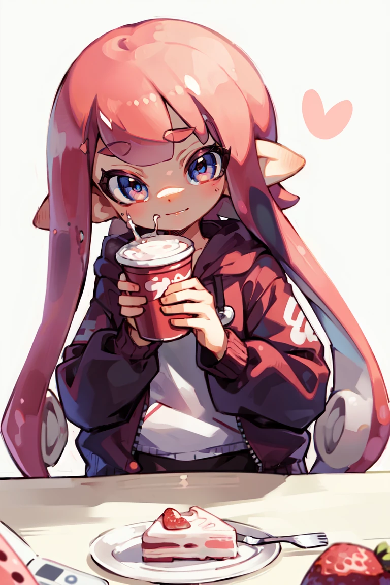 1girl, solo, long hair, looking at viewer, blush, smile, bangs, long sleeves, holding, jacket, pink hair, heart, red hair, food, tongue, pointy ears, hood, tongue out, cup, grey eyes, hoodie, fruit, fangs, eating, phone, cellphone, smartphone, licking, !, cake, drinking straw, tentacle hair, strawberry, spoon, fork, cherry, phone screen, emoji, inkling, inkling girl,<lora:EMS-293499-EMS:0.800000>