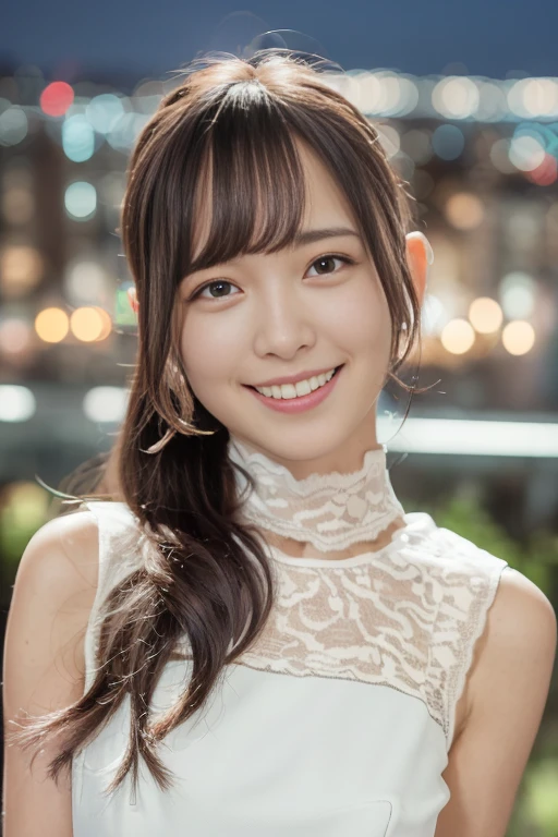 1girl, (sleeveless lace dress:1.6),(RAW photo, best quality), (realistic, photo-realistic:1.4), (ultra detailed:1.8),masterpiece, an extremely delicate and beautiful, extremely detailed, 2k wallpaper, Amazing, finely detail, extremely detailed CG unity 8k wallpaper, ultra-detailed, highres, soft light, beautiful detailed girl, extremely detailed eyes and face, beautiful detailed nose, beautiful detailed eyes,(professional lighting:1.6),(night, city view:2.0),perfect anatomy,(slender body:1.8),(close up:2.0
),(light smile,cheerful,friendly, warm:1.8),(looking at viewer:1.8),(young japanese:1.8),(smooth long hair:1.6), (brown eyes:1.8),(standing:2.0), (blurry,bokeh background:1.6), <lora:tandahazuki_lora-15:0.8>