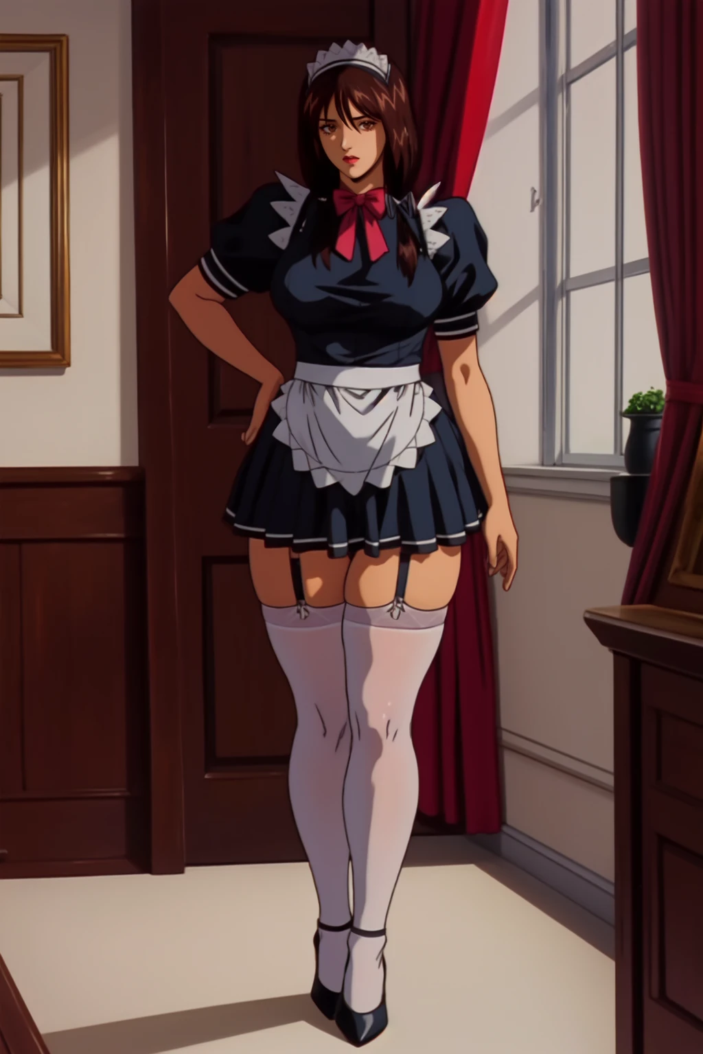 (highres, high quality:1.2), intricate details, cinematic lighting, retro artstyle, 
RisaMizutani, 1girl, mature female, solo, standing, (legs apart:1.1), spread legs, hands on hips, full body,
looking at viewer, determined,
blonde hair, long hair, brown eyes, earrings, jewelry, 
maid, maid headdress, bowtie, maid apron, black shirt, puffy short sleeves, miniskirt, white thighhighs, garter straps, high heels,
(curvy:1.1), large breasts,
indoors, luxury room, window, mansion,
<lora:RisaMizutani:1>