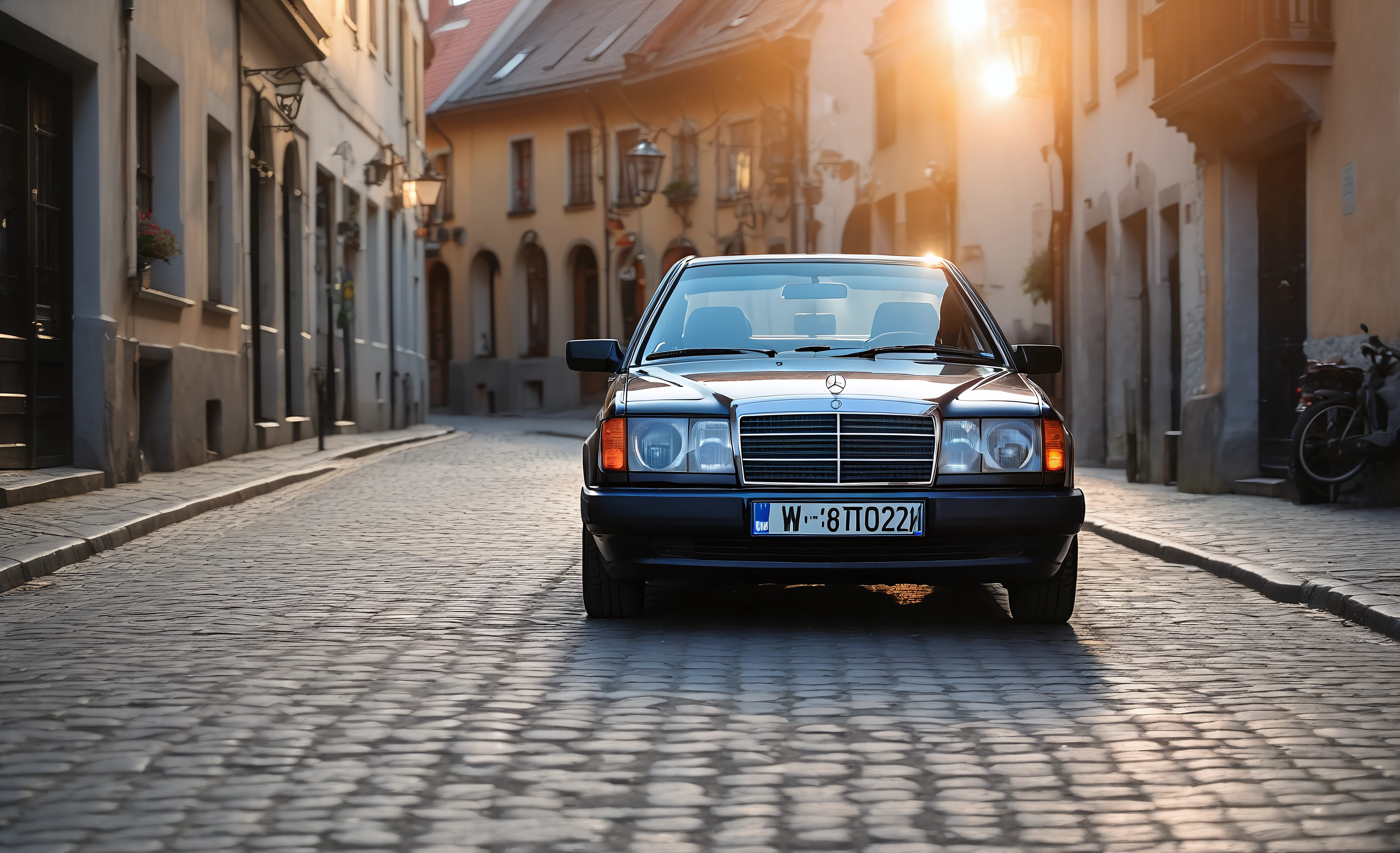 a long shot photo, (of a w124 car, with 5-spoke wheels, parked in old town), cinematic lighting, cobblestone street, evening, Canon EF 70mm