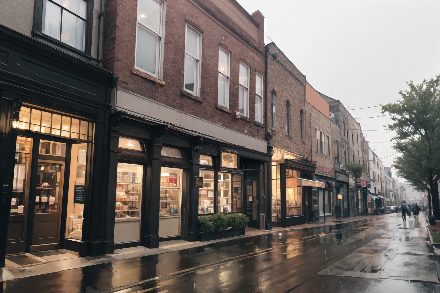 day, outdoors, rain, empty victorian streets with lit up storefronts and brownstone townhouses