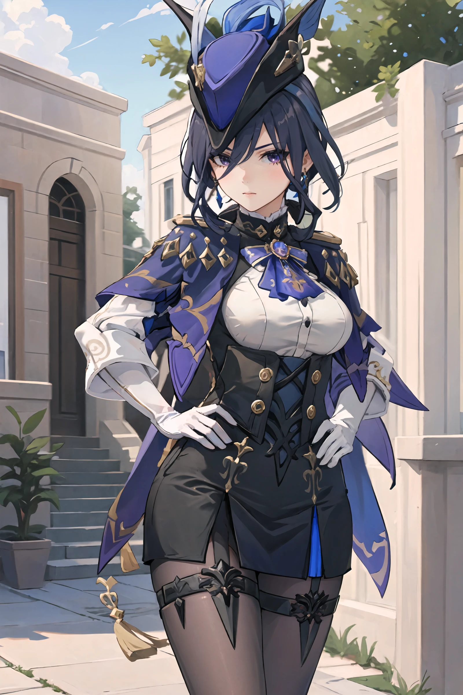 ((masterpiece)), ((best quality)), (ultra-detailed), absurdres, extremely detailed CG unity 8k wallpaper, Official Art, Accurate describe shapes, (realistic), beautiful face, detailed hands, expressive eyes, upper body, looking at viewer, solo, (standing, arm at side, serious:1.2), (indoors, scenery, dramatic light, illustration:1.1), (1girl, mature female, large breasts, curvy, wide hips, deep blue hair, purple eyes, long hair:1.4), (blue headwear, white gloves, black pantyhose, earrings, hat feather, garter strap, corset, epaulettes, long hair:1.3), , ((masterpiece)), absurdres, HDR, clorinde (genshin impact) 32k UHD RGB