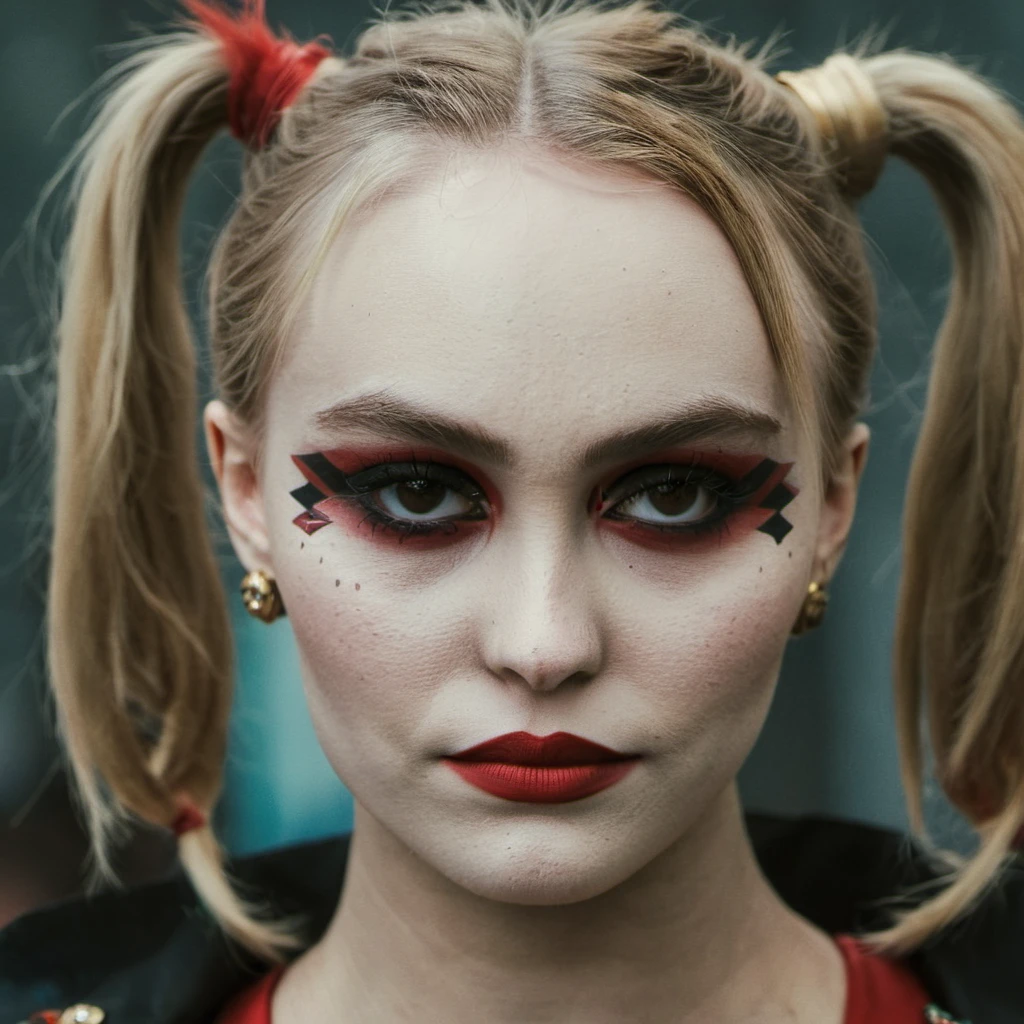 High res closeup portrait photo of an actress dressed as Harley Quinn, f /2.8, Canon, 85mm,cinematic, high quality, skin texture, looking at the camera, , <lora:lirosedepp_xl_1_standard_merger_31_78_05_05:1>