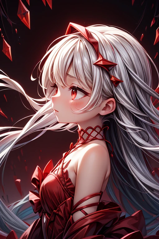 Young girl, long white hair, red eyes, rose in hair, , white dress, sleeveless,, blood, Masterpiece, best quality, Full HD, 8k, ultra details, great graphic, look viewer