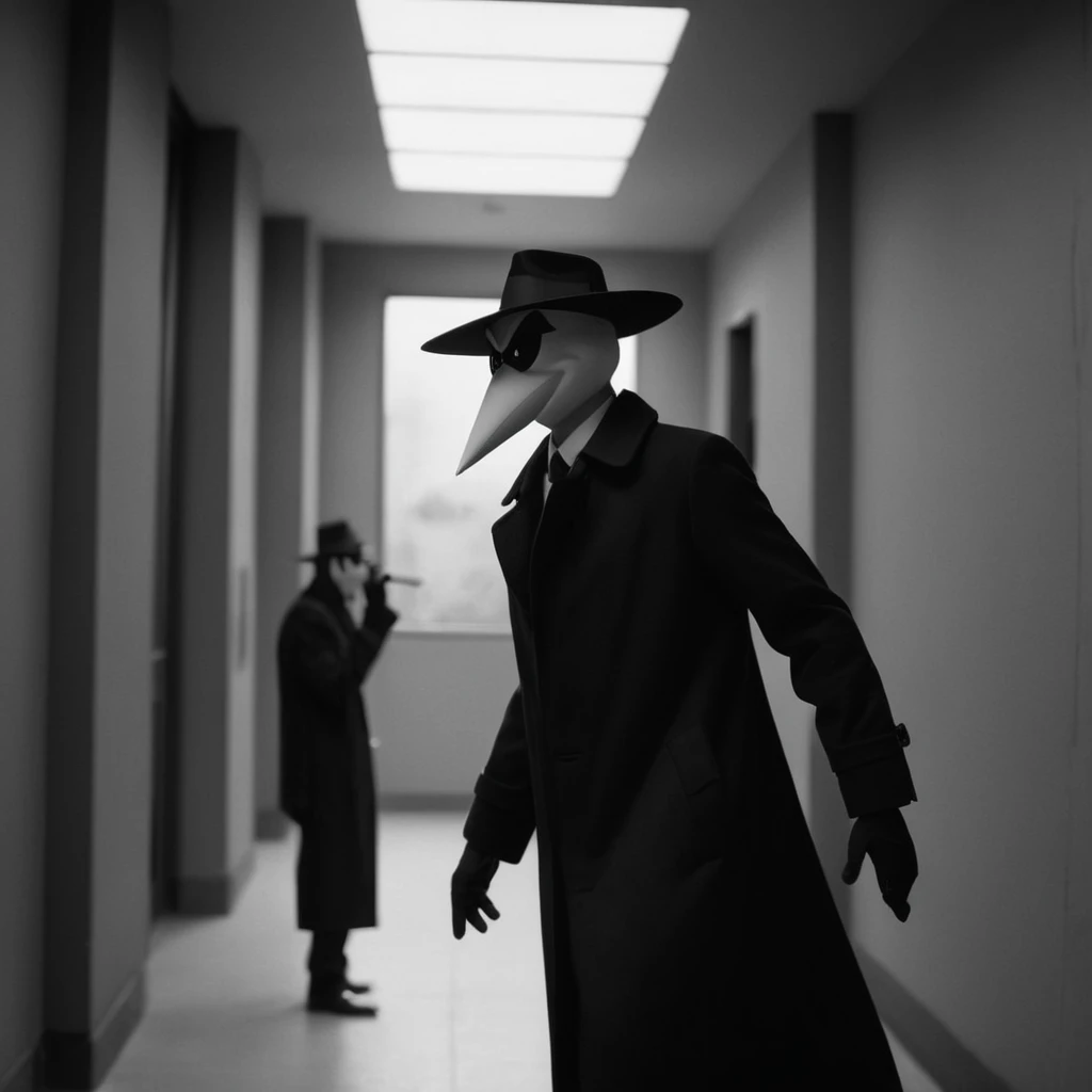 cinematic film still of <lora:spy vs spy style:1>
black vs white a person in a hat and a long coat spy vs spy style,solo,1boy,hat,monochrome,window,mask,formal,suit,top hat,fedora,trench coat cartoon, anime, funny, red spot, red light, bars, vault, bank, inside vault, shallow depth of field, vignette, highly detailed, high budget, bokeh, cinemascope, moody, epic, gorgeous, film grain, grainy