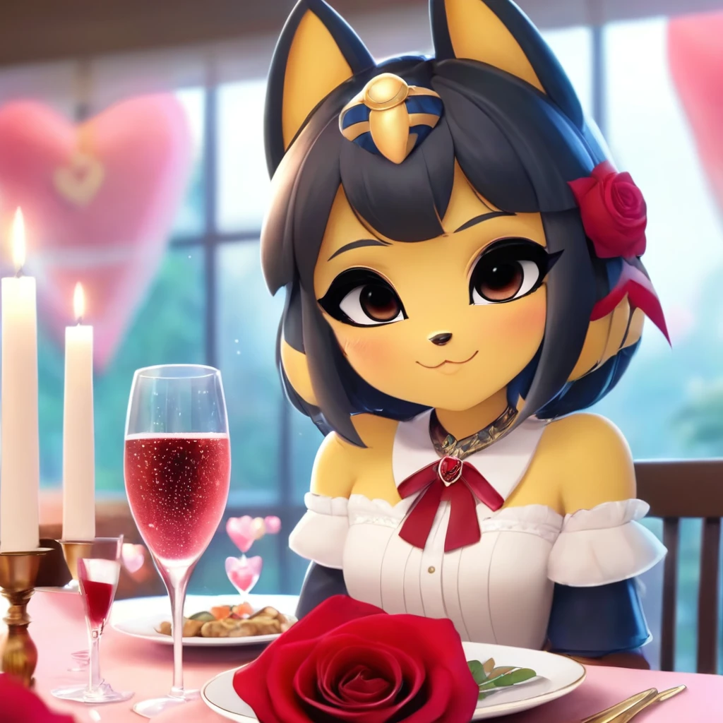 ValentinesDateSDXL,solo,1girl,long hair,cute face,(((whole upper body))),(((Whole head in frame))), (((whole face in frame))),flooking at viewer,blush,smile,bangs,cute tail,brown hair,shirt,ribbon,jewelry,sitting,flower,earrings,food,cup,petals,black ribbon,neck ribbon,depth of field,rose,table,bottle,knife,red flower,plate,champagne,drinking glass,red rose,fork,candle,wine glass, fancy champagne glass,candlestand,champagne flute,champagne,pov across table ,valentine,valentine style,nice hands, <lora:ValentinesDateSDXL:1>,valentine style,fancy  fancy champagneglass ,    Ankha, Animal Crossing <lora:ankha_v0.0.1:1>,