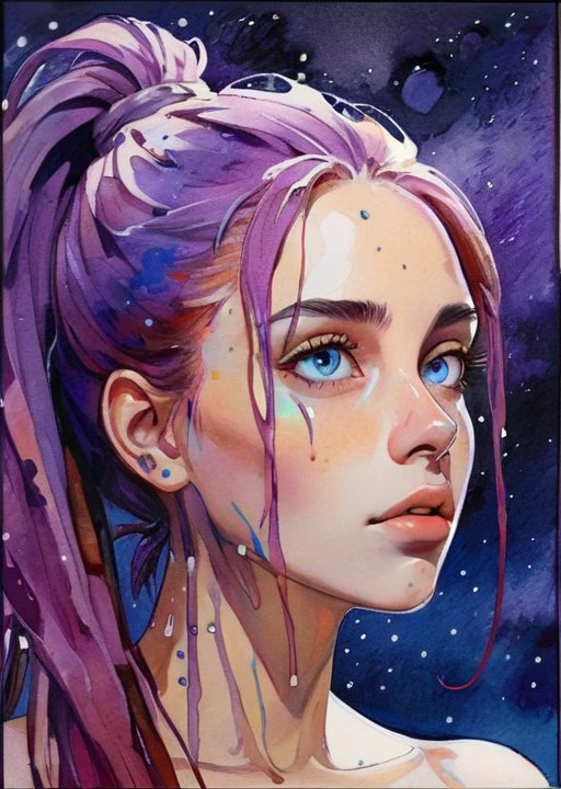 (masterpiece), 8k, very wide shot, volumetrics dtx, portrait, melting into a magical puddle of stars, beautiful eyes, (dreadlocks:0.5) in a ponytail, (Violet head:1), vibrant colors, highly detailed, watercolor sketch in artistic style, large strokes, finalized with ink, fine lines