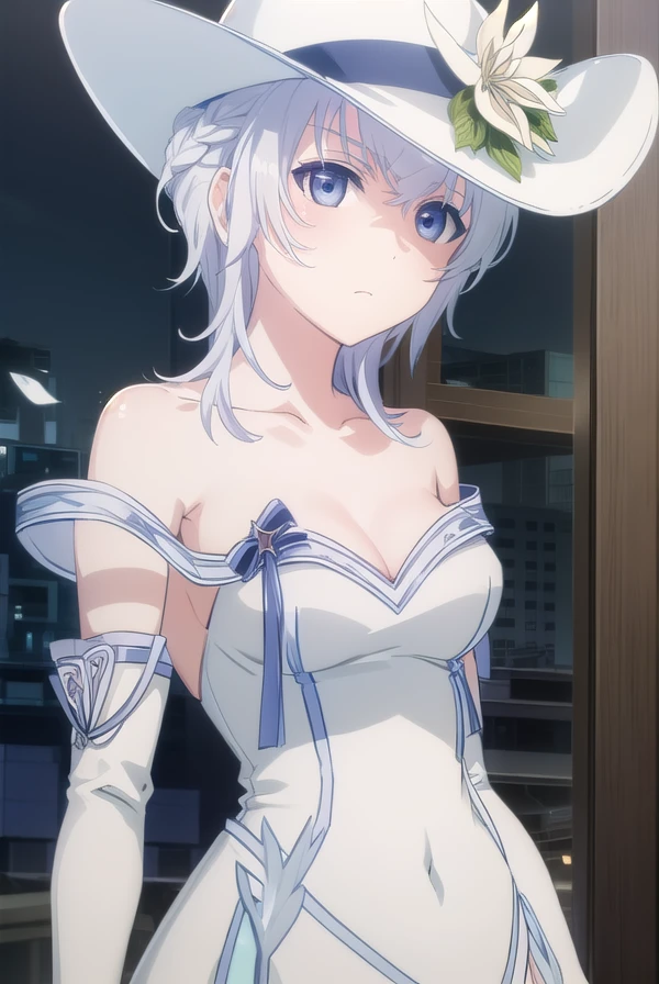 seitenshi, <lora:seitenshi s1-lora-nochekaiser:1>,
seitenshi, short hair, braid, white hair, (grey eyes:1.3),
BREAK gloves, hat, dress, bare shoulders, collarbone, elbow gloves, white gloves, white dress, white headwear, sun hat, long dress, hat flower,
BREAK indoors,
BREAK looking at viewer, (cowboy shot:1.5),
BREAK <lyco:GoodHands-beta2:1>, (masterpiece:1.2), best quality, high resolution, unity 8k wallpaper, (illustration:0.8), (beautiful detailed eyes:1.6), extremely detailed face, perfect lighting, extremely detailed CG, (perfect hands, perfect anatomy),