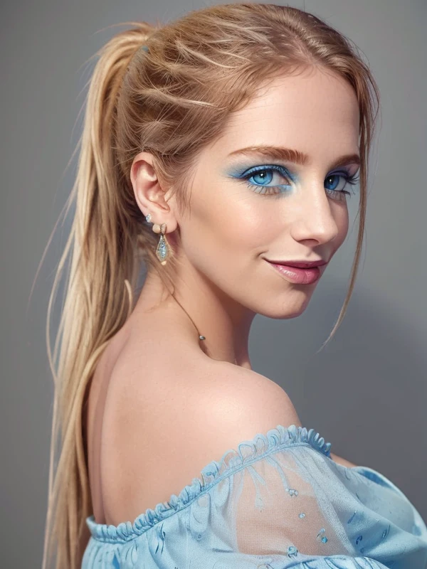 gquality, <lora:ponce:1> ponce, 1girl, solo, looking at viewer, smile, jewelry, ponytail, earrings, looking back, makeup, portrait, realistic, eyeshadow, blue eyeshadow, bare shoulders, from behind, simple background