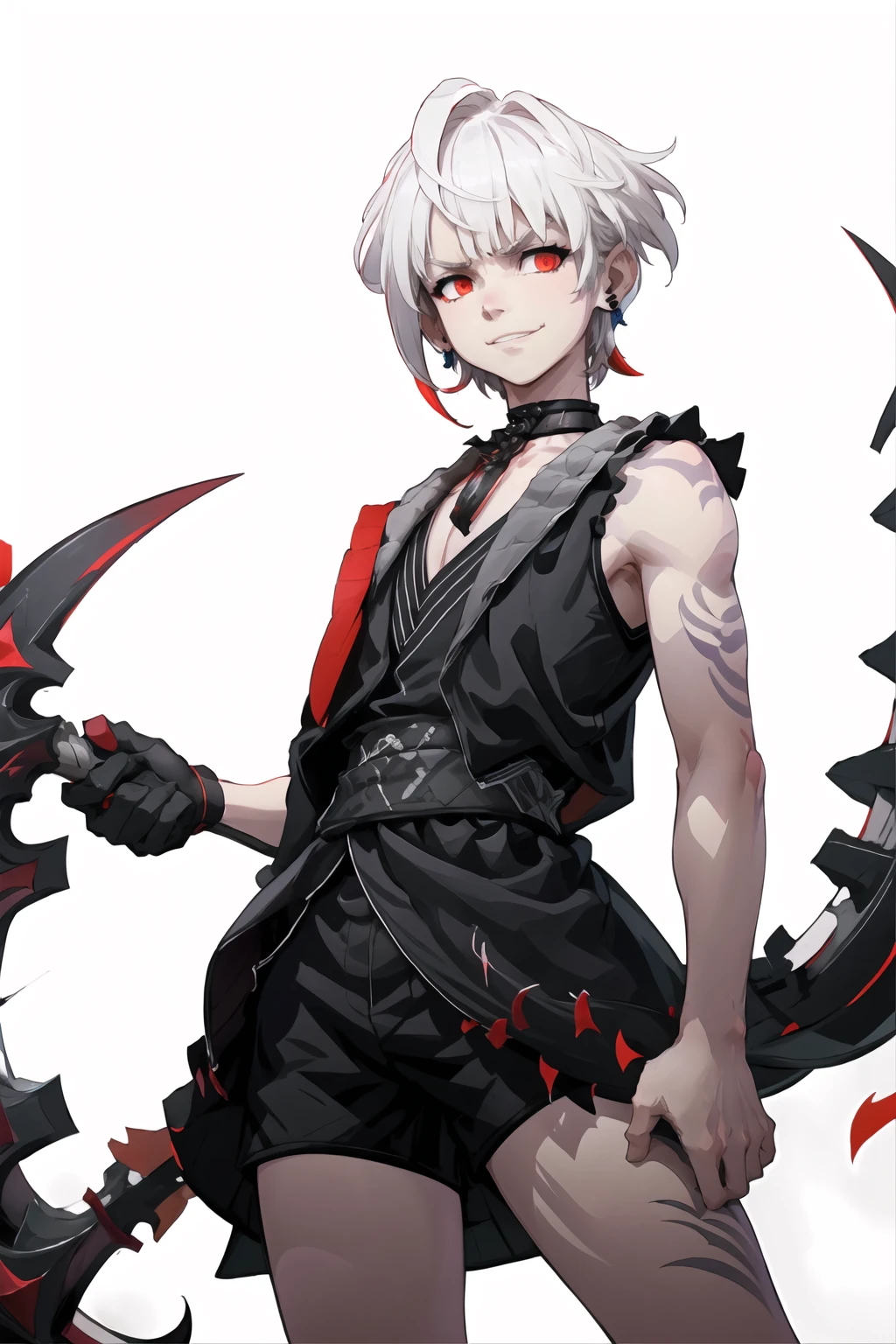 masterpiece, best quality,male focus, 1boy, solo, white background, looking at viewer, grey hair, torn clothes, simple background, upper body, closed mouth, purple eyes, jacket, horns, headband, grey eyes, gloves, long hair, oni horns, multicolored hair, ponytail, bare shoulders, v, short hair, teeth, heterochromia, red eyes, purple jacket, red hair, two-tone hair, open mouth, red nails, fingerless gloves