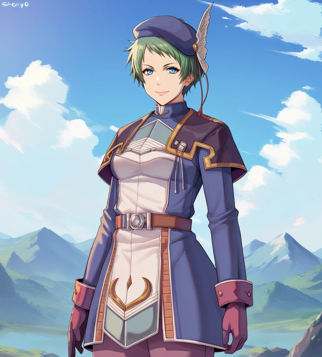 score_9, score_8_up, score_7_up, score_6_up, score_5_up, score_4_up, source_anime, rating_safe
BREAK,
<lora:TrailsInTheSky-000023:0.9>, Julia Schwarz, short hair, green hair, blue eyes, medium breasts, beret, military uniform, blue uniform, coat white gloves, purple pants, boots,
BREAK,
looking at viewer, smile,
upper body, portrait, front view,
BREAK,
<lora:shexyo:1>,
BREAK,
1girl, outdoors, sky, clouds, distant mountains,