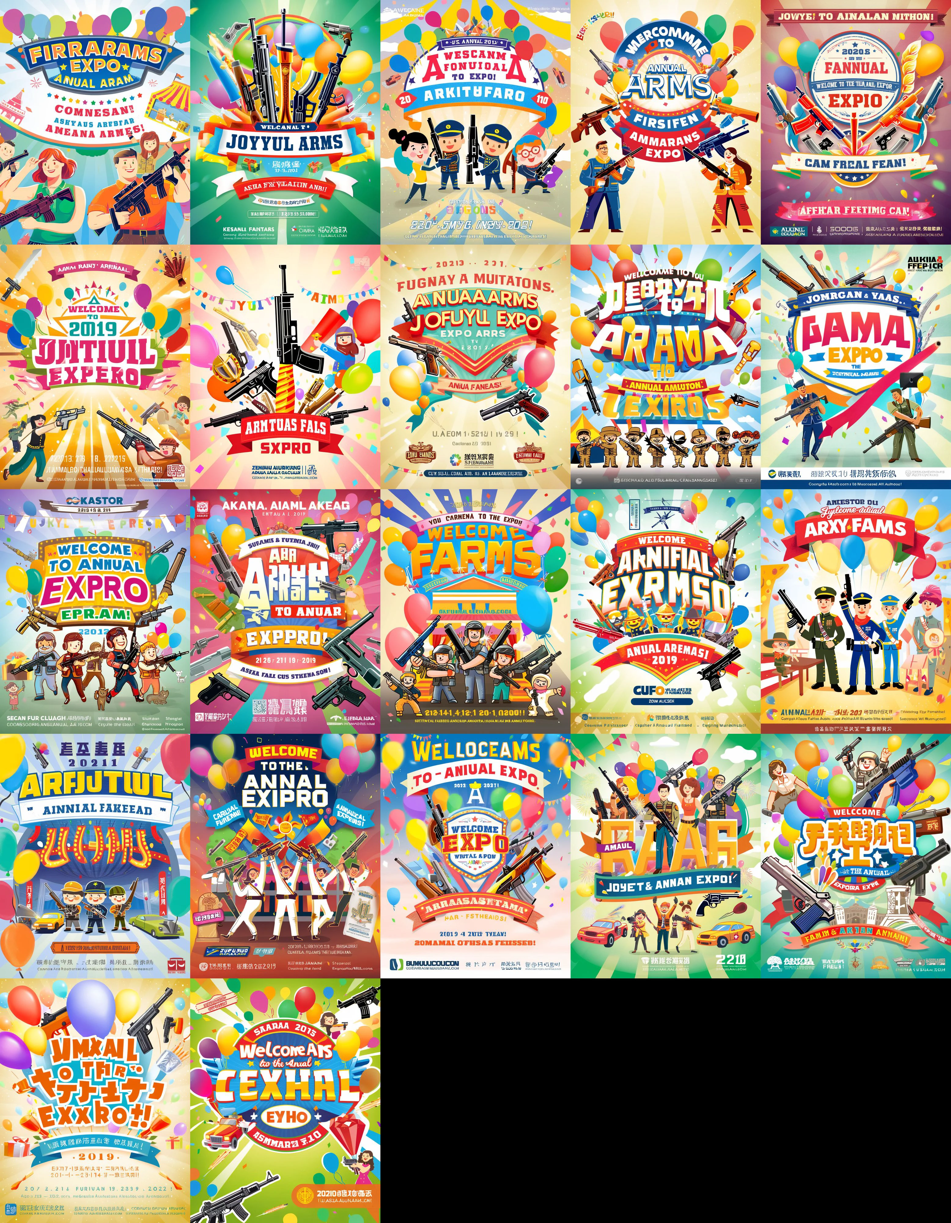 Create a vibrant digital painting style poster for a joyful firearms and munitions expo. The poster should radiate excitement and celebration, featuring an array of modern and futuristic weapons displayed with flair. Include smiling characters from diverse backgrounds, all dressed in thematic attire, showcasing the weapons in a fun and engaging manner. The background is festooned with colorful banners and balloons, under a banner that reads 'Welcome to the Annual Joyful Arms Expo!' Use bright, cheerful colors to contrast the mechanical details of the firearms, emphasizing a friendly and welcoming atmosphere, <lora:poster2-000040:0.6>