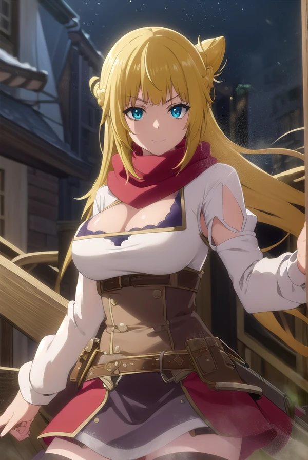 banishedrit, <lora:banished rit s1-lora-nochekaiser:1>,
rit, long hair, blonde hair, aqua eyes, rit, braid, hair bun, french braid, smile,
BREAK skirt, thighhighs, long sleeves, cleavage, boots, brown thighhighs, long sleeves, underwear, belt, scarf, clothing cutout, cleavage cutout, red scarf,
BREAK outdoors,
BREAK looking at viewer, (cowboy shot:1.5),
BREAK <lyco:GoodHands-beta2:1>, (masterpiece:1.2), best quality, high resolution, unity 8k wallpaper, (illustration:0.8), (beautiful detailed eyes:1.6), extremely detailed face, perfect lighting, extremely detailed CG, (perfect hands, perfect anatomy),