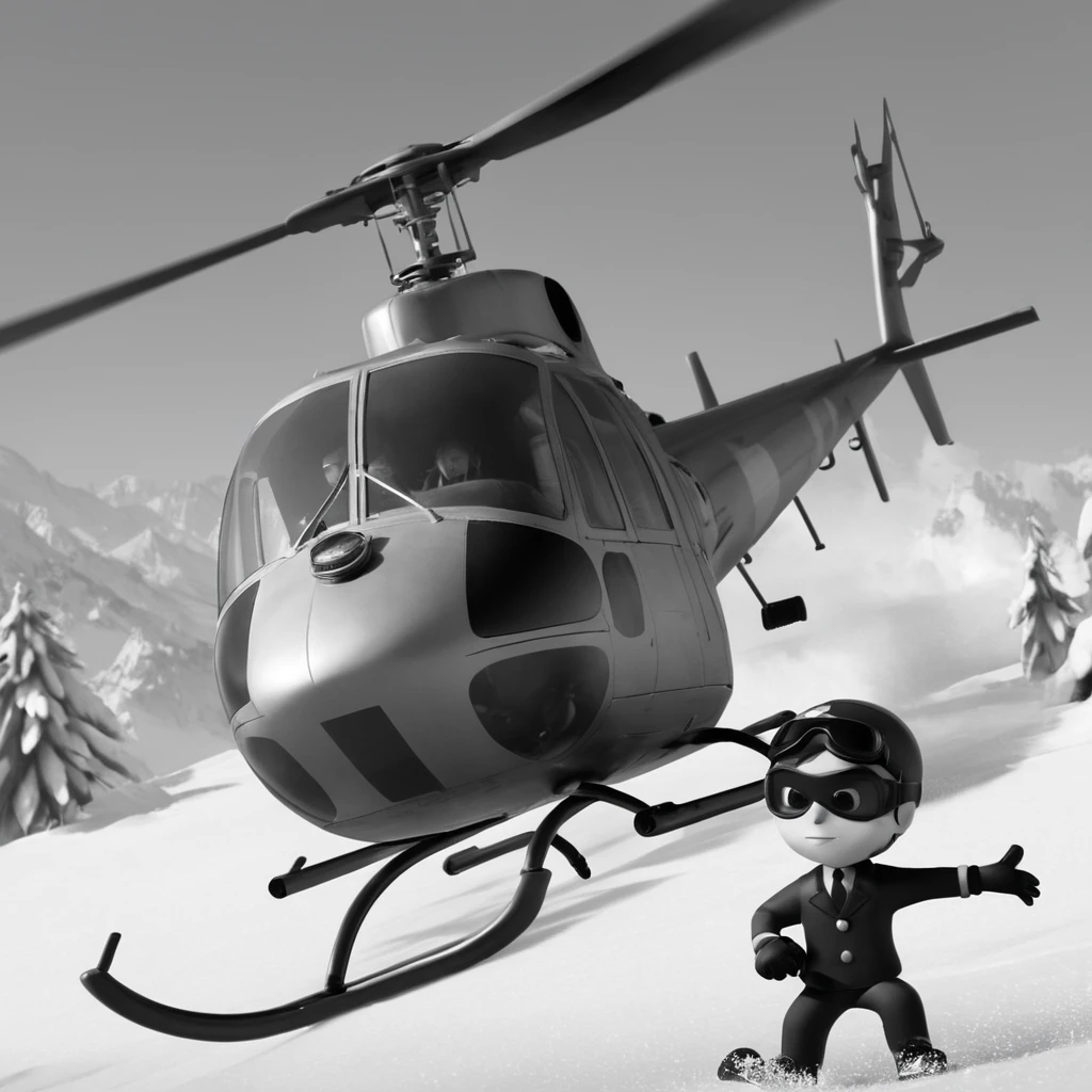 cinematic film still of  <lora:spy vs spy style:1>
black vs white a cartoon skier is flying a helicopter and a helicopter is flying spy vs spy style,1boy,monochrome,comic,greyscale,no humans,goggles,admiral (kancolle) cartoon, anime, funny, shallow depth of field, vignette, highly detailed, high budget, bokeh, cinemascope, moody, epic, gorgeous, film grain, grainy