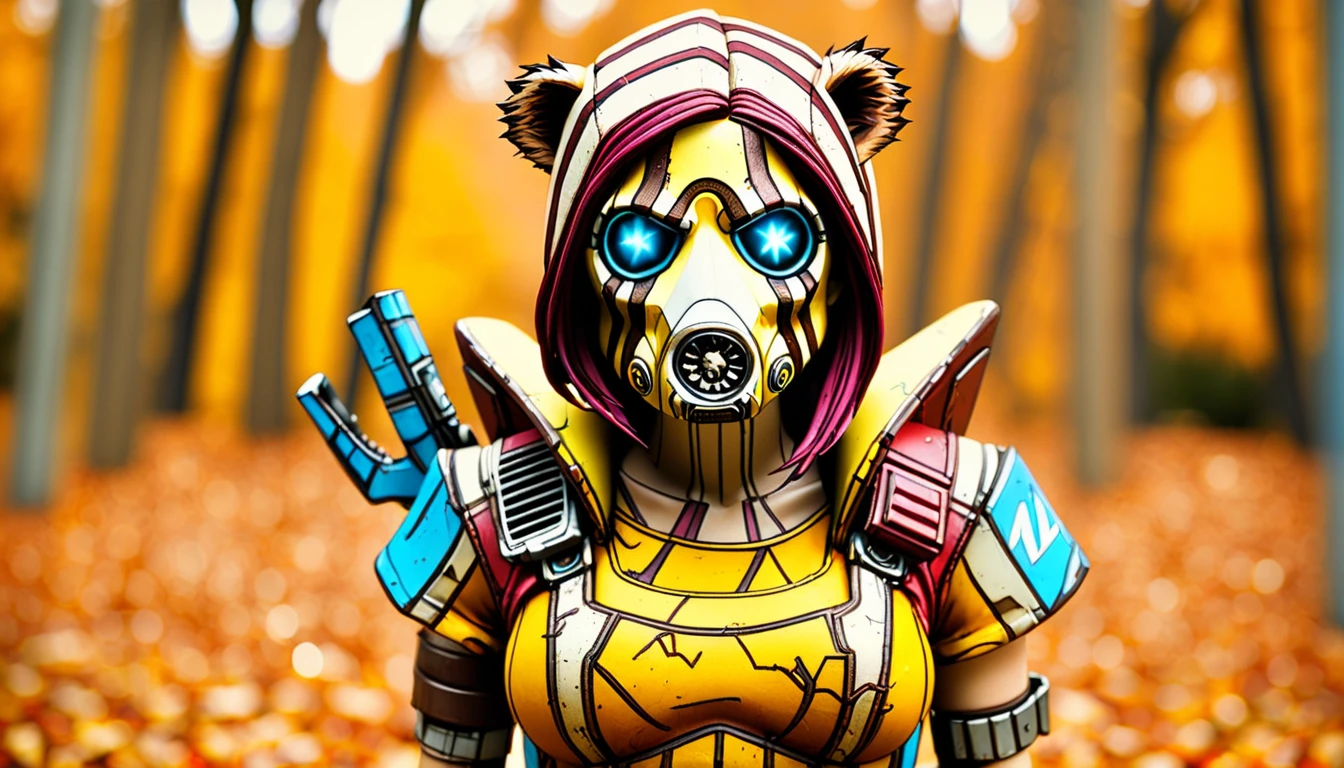 Borderlands, Cosplay Photograph, Beaver, autumn background, Bokeh, Bimbocore, side lit, Short exposure, Kodak UltraMax 400, F/14