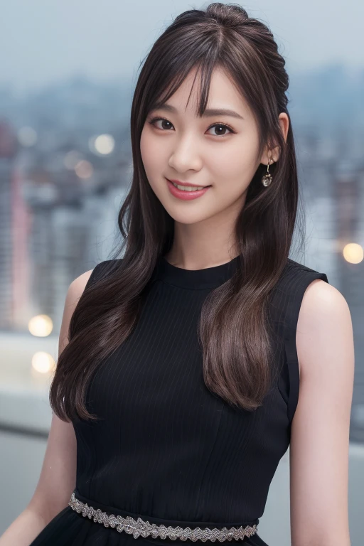1girl, (sleeveless dress:1.6),(RAW photo, best quality), (realistic, photo-realistic:1.4), (ultra detailed:1.8),masterpiece, an extremely delicate and beautiful, extremely detailed, 2k wallpaper, Amazing, finely detail, extremely detailed CG unity 8k wallpaper, ultra-detailed, highres, soft light, beautiful detailed girl, extremely detailed eyes and face, beautiful detailed nose, beautiful detailed eyes,(professional lighting:1.6),(night, city view:2.0),perfect anatomy,(slender body:1.8),(close up:2.4),(light smile,cheerful,friendly, warm:1.8),(looking at viewer:1.8),(young japanese:1.8),(smooth long hair:1.6), (brown eyes:1.8),(standing:2.0), (blurry,bokeh background:1.6), <lora:yamashitananami_lora-10:0.8>