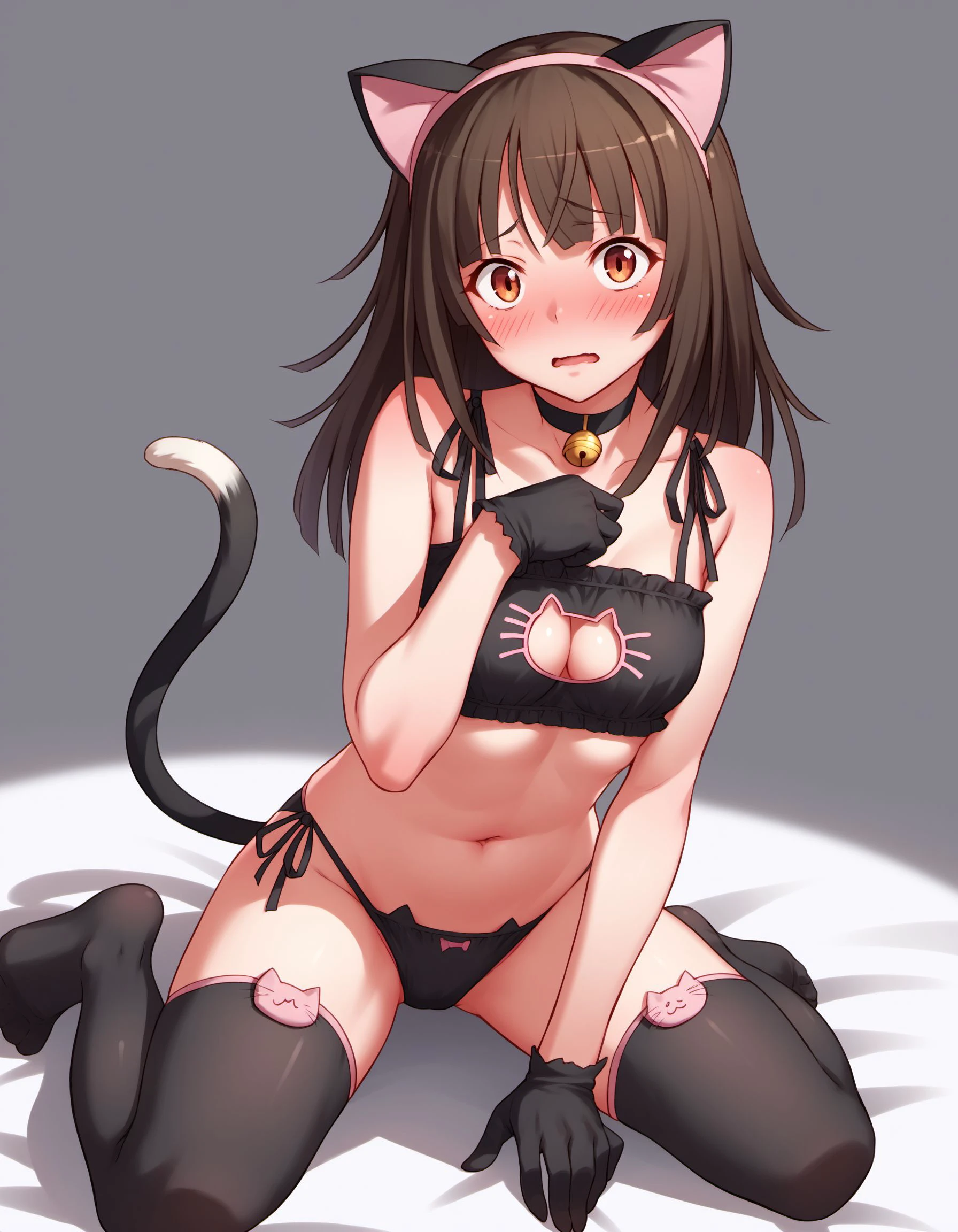 score_9, score_8_up, score_7_up, score_6_up, score_5_up, score_4_up, source_anime, BREAK
SengokuNadeko, 1girl, solo, frilly clothing, clothing, frilly underwear, keyhole underwear, frilly, underwear, underwear only, panties, keyhole clothing, black panties, keyhole bra, training bra, black bra, black underwear, female, fake cat ears, navel, solo, bra, clothed, black clothing, hair, frilly bra, cat keyhole bra, blush, frilly panties, cat lingerie, handwear, gloves, tail bell, open mouth, cleavage cutout, bow panties, lingerie, accessory, shy, sitting, cat ear panties, looking at viewer, bell, kneeling, long hair, breasts, embarrassed, choker, fingers, pink clothing, jewelry, feet, legwear, collar, ribbons,
<lora:SengokuNadeko_PD6XL:1>