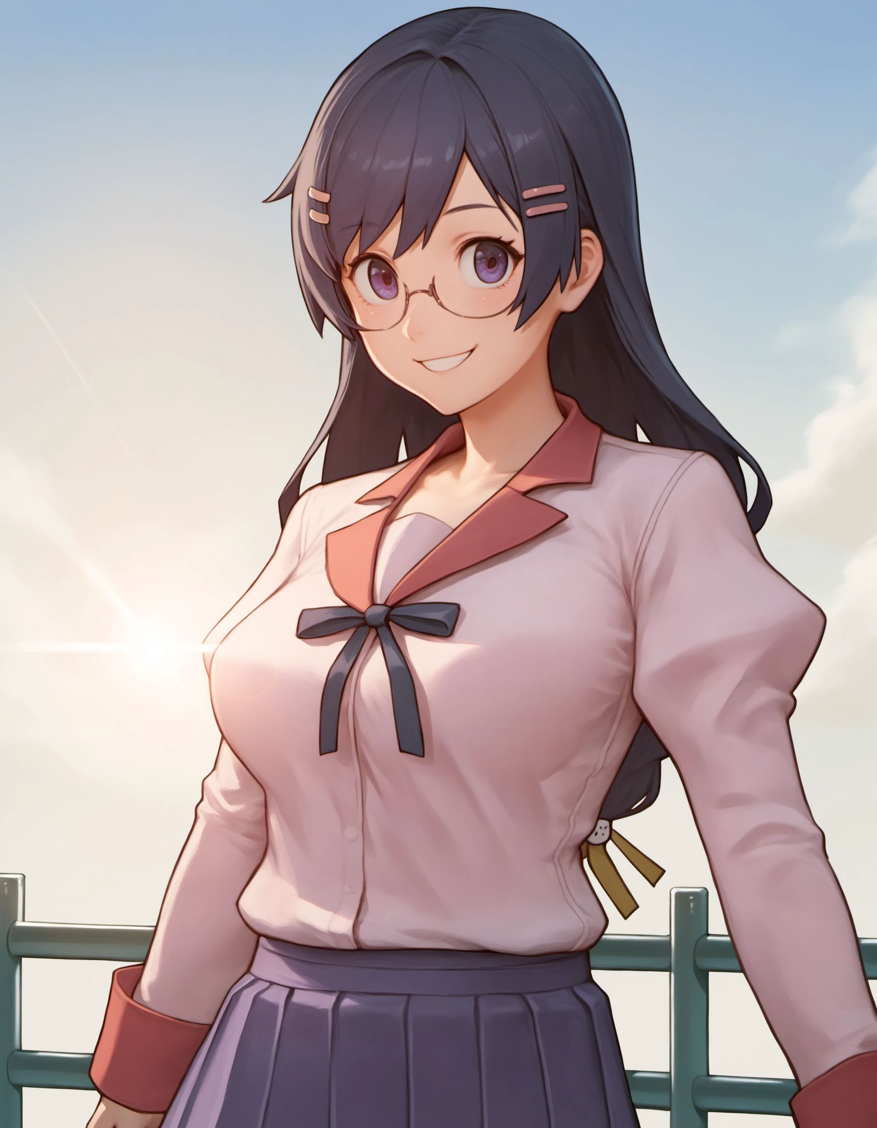 score_9, score_8_up, score_7_up, score_6_up, score_5_up, score_4_up, source_anime, detailed background, BREAK
HanekawaTsubasa, 1girl, solo, breasts, looking at viewer, smile, skirt, shirt, long sleeves, school uniform, hairclip, lens flare, pink shirt, purple skirt, railing
<lora:HanekawaTsubasa_PD6XL:1>