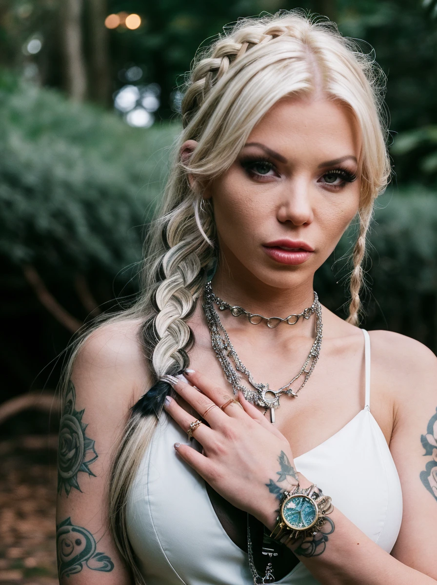 cinematic photo    <lora:quiron_BarbieSins_v3_lora:0.87> BarbieSinsQuiron woman, Clockpunk portrait of a ((Scholar Seer with Crystal clear eyes, Platinum blonde Dutch braid hair, and Rich Amber skin)).  (Arched eyebrows and Feather tattoo).  (Pocket watch and holds a special Ring of Memory). Dressed in the (style of Folk) (with Underground Labyrinth in the background and accompanied by a Talking Raven). . 35mm photograph, film, bokeh, professional, 4k, highly detailed
