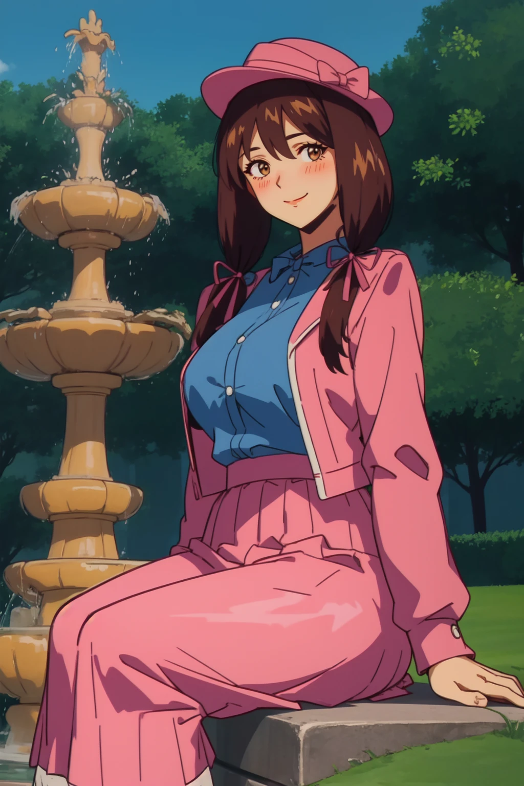 (highres, high quality:1.2), intricate details, cinematic lighting, retro artstyle,
NanaMorimura, 1girl, mature female, solo, sitting on fountain, 
(looking at viewer:1.1), blush, seductive smile,
brown hair, long hair, (twintails:1.1), brown eyes, (hair ribbon:1.1),
casual, pink jacket, pink (long skirt:1.1), hat,
(curvy:1.1), large breasts, 
outdoors, grass, tree, mansion, fountain, day, summer,
<lora:NanaMorimura:0.95>