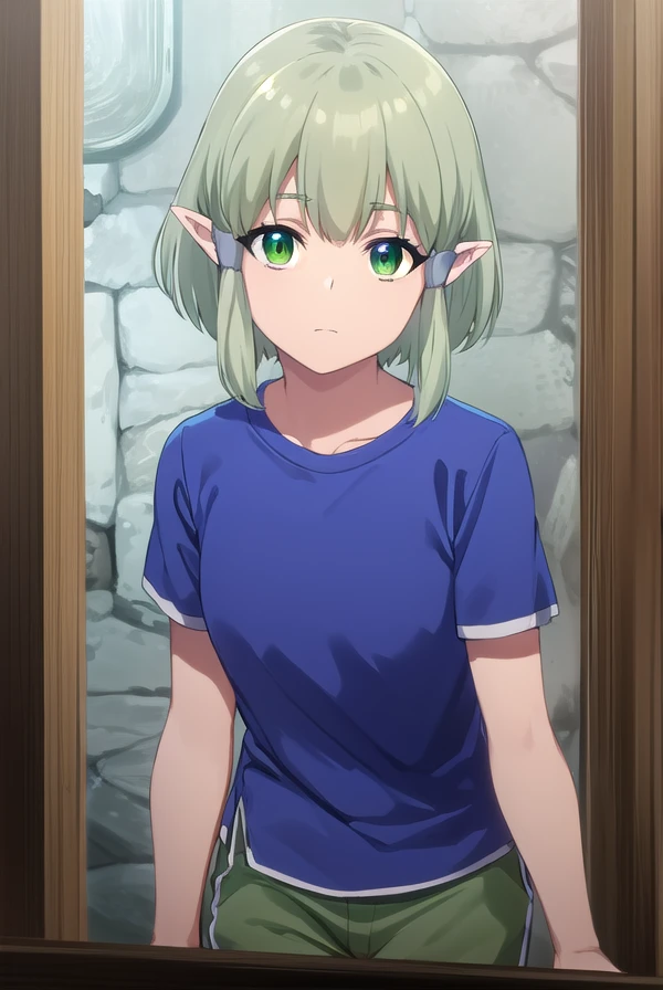 banishedal, <lora:banished al s1-lora-nochekaiser:1>,
banished al, short hair, (green eyes:1.3), sidelocks, green hair, pointy ears, hair tubes, elf,
BREAK shirt, short sleeves, pants, blue shirt, green pants,
BREAK outdoors,
BREAK looking at viewer, (cowboy shot:1.5),
BREAK <lyco:GoodHands-beta2:1>, (masterpiece:1.2), best quality, high resolution, unity 8k wallpaper, (illustration:0.8), (beautiful detailed eyes:1.6), extremely detailed face, perfect lighting, extremely detailed CG, (perfect hands, perfect anatomy),