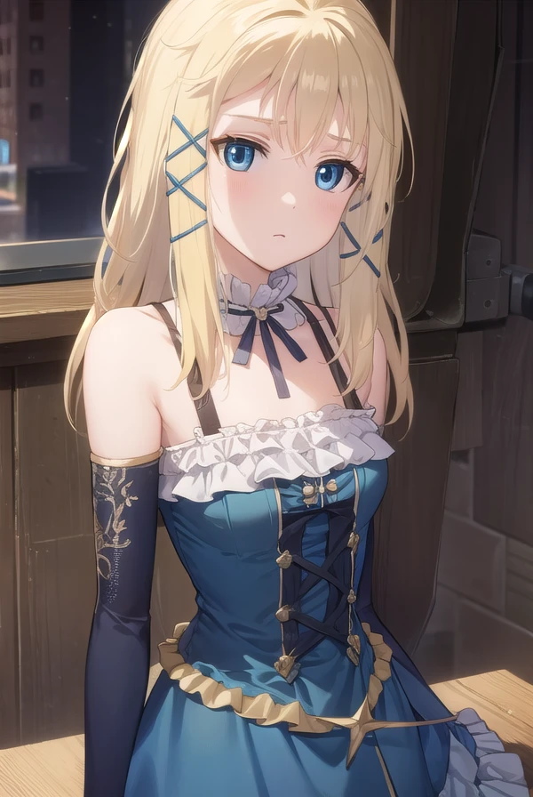 tinasprout, <lora:tina sprout s1-lora-nochekaiser:1>,
tina sprout, long hair, blonde hair, hair ornament, blue eyes,
BREAK gloves, dress, bare shoulders, frills, black gloves, elbow gloves, blue dress, frilled dress,
BREAK indoors,
BREAK looking at viewer, (cowboy shot:1.5),
BREAK <lyco:GoodHands-beta2:1>, (masterpiece:1.2), best quality, high resolution, unity 8k wallpaper, (illustration:0.8), (beautiful detailed eyes:1.6), extremely detailed face, perfect lighting, extremely detailed CG, (perfect hands, perfect anatomy),