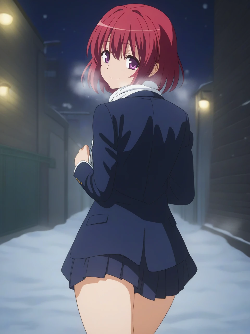 best quality,masterpiece,highres,absurdres,1girl,solo,newest,rating: general, looking at viewer , <lora:Kushieda_Minori_XL-step00001000:0.75> ,(kushieda_minori, short hair, red hair, purple eyes), school uniform, oohashi high school uniform, jacket, blazer, shirt,smile,from behind, standing on one leg,BREAK, looking at viewer,looking back,(night),street,muffler,snow, heavy_breathing,
