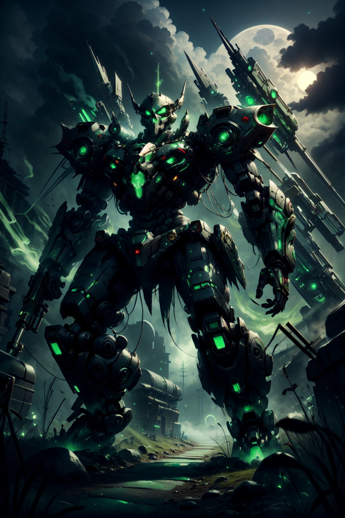 masterpiece, best quality, absurdres, <lora:GhostPirateWorld:1> ghostpirateworld, green glow, green glowing aura, battle mecha, moonlight, volumetric lighting, gloomy, mist, fog,