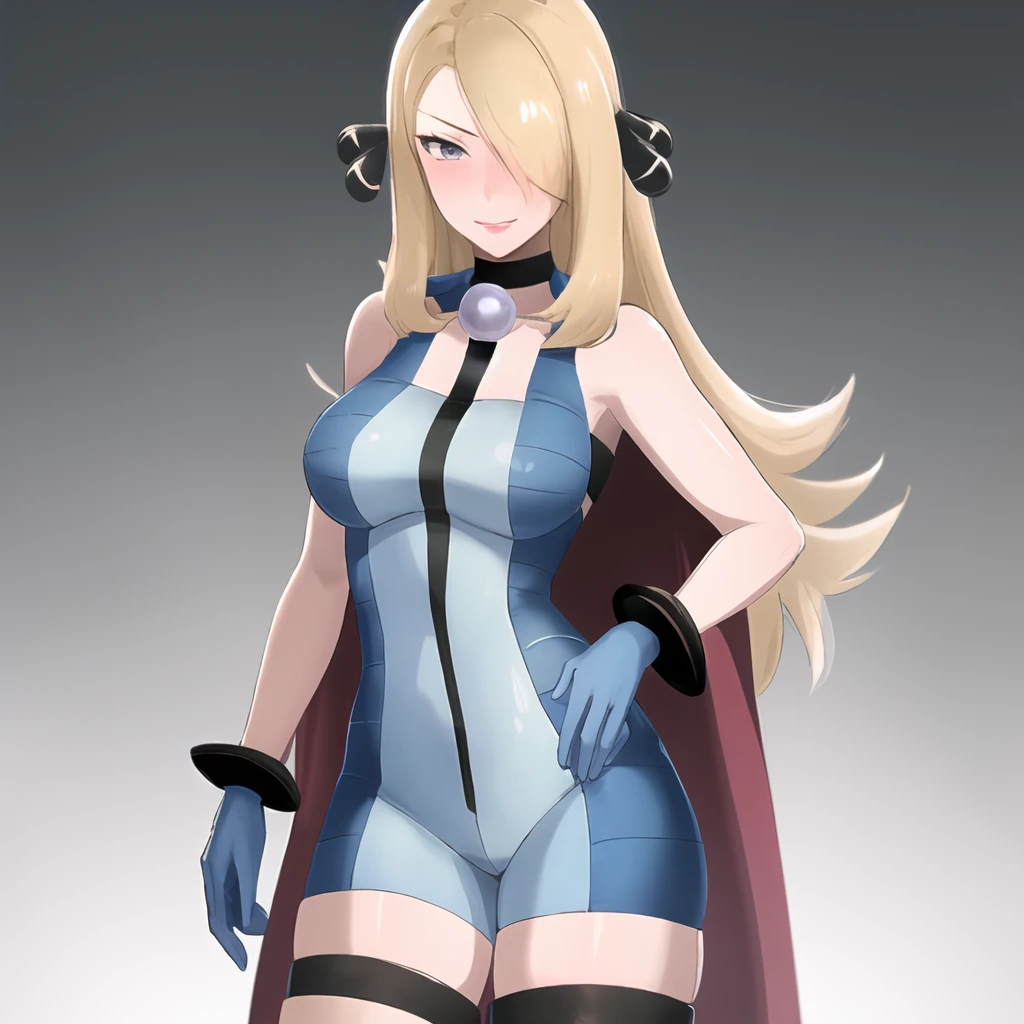 masterpiece, best quality, highly detailed, 1girl, solo, cynthia_pokemon,
one eye covered, hair over one eye, blonde hair, blue eyes, pink lips, hair ornament, large breasts, seductive smile, long hair, grey eyes, blush,
standing, contrapposto, hand on hip,
<lora:cynthia_pokemon-08:0.9> <lora:clair_outfit-08:1> (clair_outfit:1.4), bodysuit, blue bodysuit, two-tone bodysuit, bare shoulders, sleeveless, cape, black cape, purple cape, two-sided cape, necklace, collar, choker, gloves blue gloves, boots, knee boots, blue boots, blue footwear, gem, pearl (gemstone)