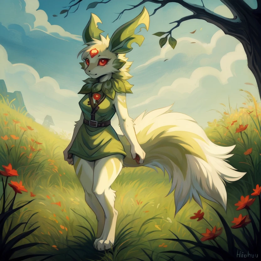 pallifmunk, meadow, solo, anthro, female, breasts, pussy, standing, red eyes, by hioshiru <lora:Lifmunk_Palworld_v2.0_-step00001000:1>