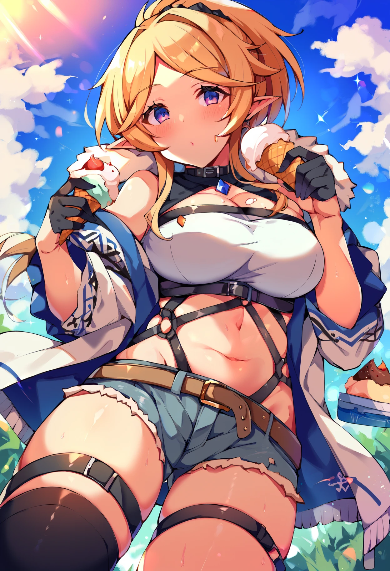 score_9, score_8_up, score_7_up, uncensored, source_anime, 1girl, <lora:sppriconneYukariponyXL:1> yukariadv, cleavage, fur trim, white jacket, white top, navel, black gloves, denim shorts, short shorts, belt, black thighhighs, single thighhigh, thigh strap, skirt, cloud, day, food, ice cream, ice cream cone, outdoors, sky