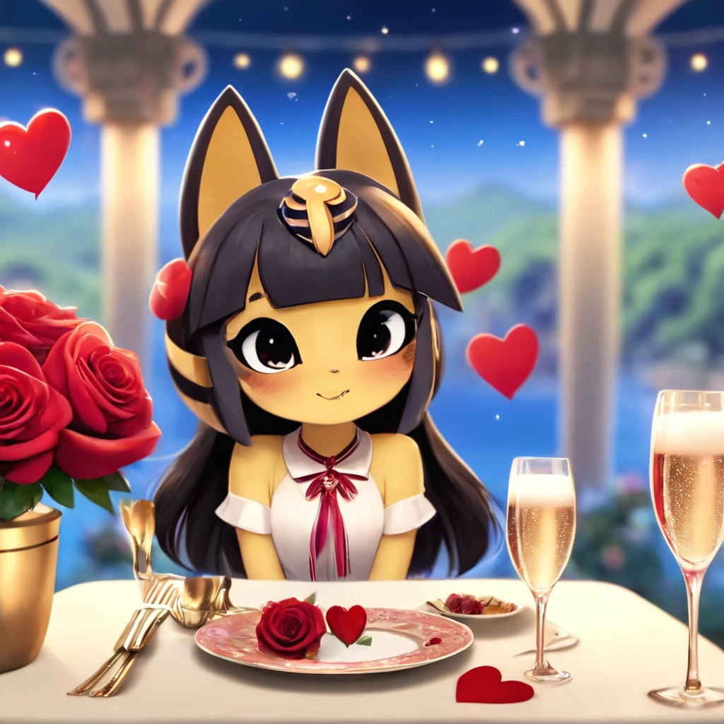 ValentinesDateSDXL,solo,1girl,long hair,cute face,(((whole upper body))),(((Whole head in frame))), (((whole face in frame))),flooking at viewer,blush,smile,bangs,cute tail,brown hair,shirt,ribbon,jewelry,sitting,flower,earrings,food,cup,petals,black ribbon,neck ribbon,depth of field,rose,table,bottle,knife,red flower,plate,champagne,drinking glass,red rose,fork,candle,wine glass, fancy champagne glass,candlestand,champagne flute,champagne,pov across table ,valentine,valentine style,nice hands, <lora:ValentinesDateSDXL:1>,valentine style,fancy fancy champagneglass , Ankha, Animal Crossing <lora:ankha_v0.0.1:1>,