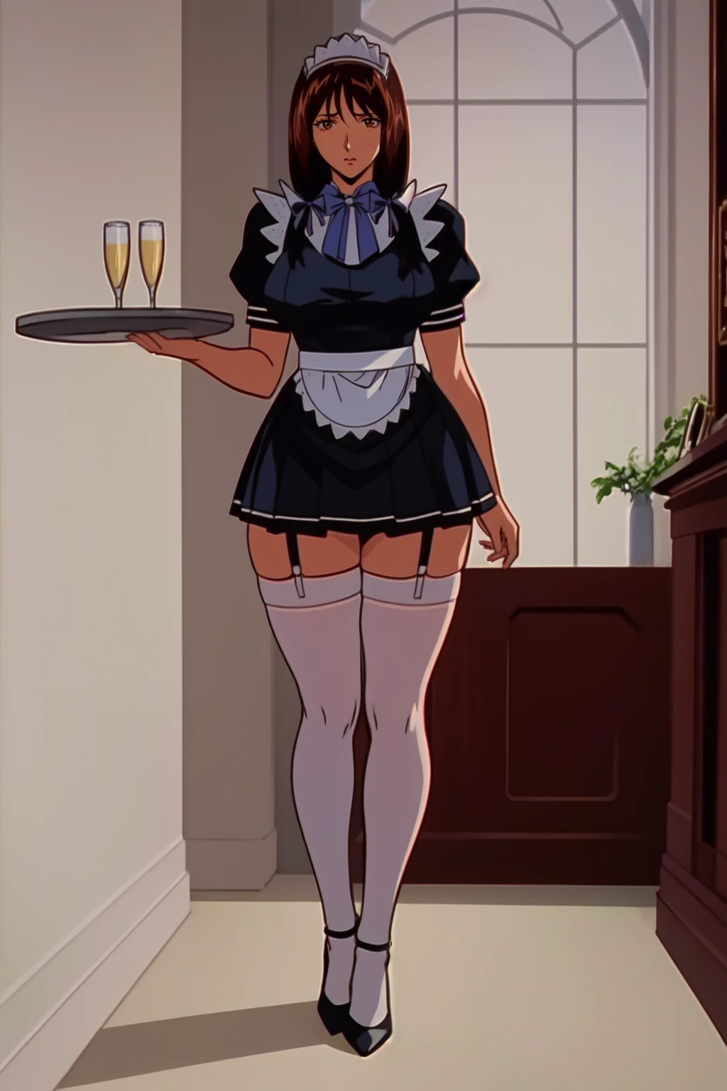 (highres, high quality:1.2), intricate details, cinematic lighting, retro artstyle, 1990s \(style\),
NanaMorimura, 1girl, mature female, solo, standing, (legs apart:1.1), spread legs, holding tray, champagne glass, full body, close-up,
looking at viewer, embarrassed,
brown hair, long hair, brown eyes, (hair ribbon:1.1),
maid, maid headdress, bowtie, maid apron, black shirt, puffy short sleeves, miniskirt, white thighhighs, garter straps, high heels,
(curvy:1.1), large breasts,
indoors, luxury room, window, mansion,
<lora:NanaMorimura:1>