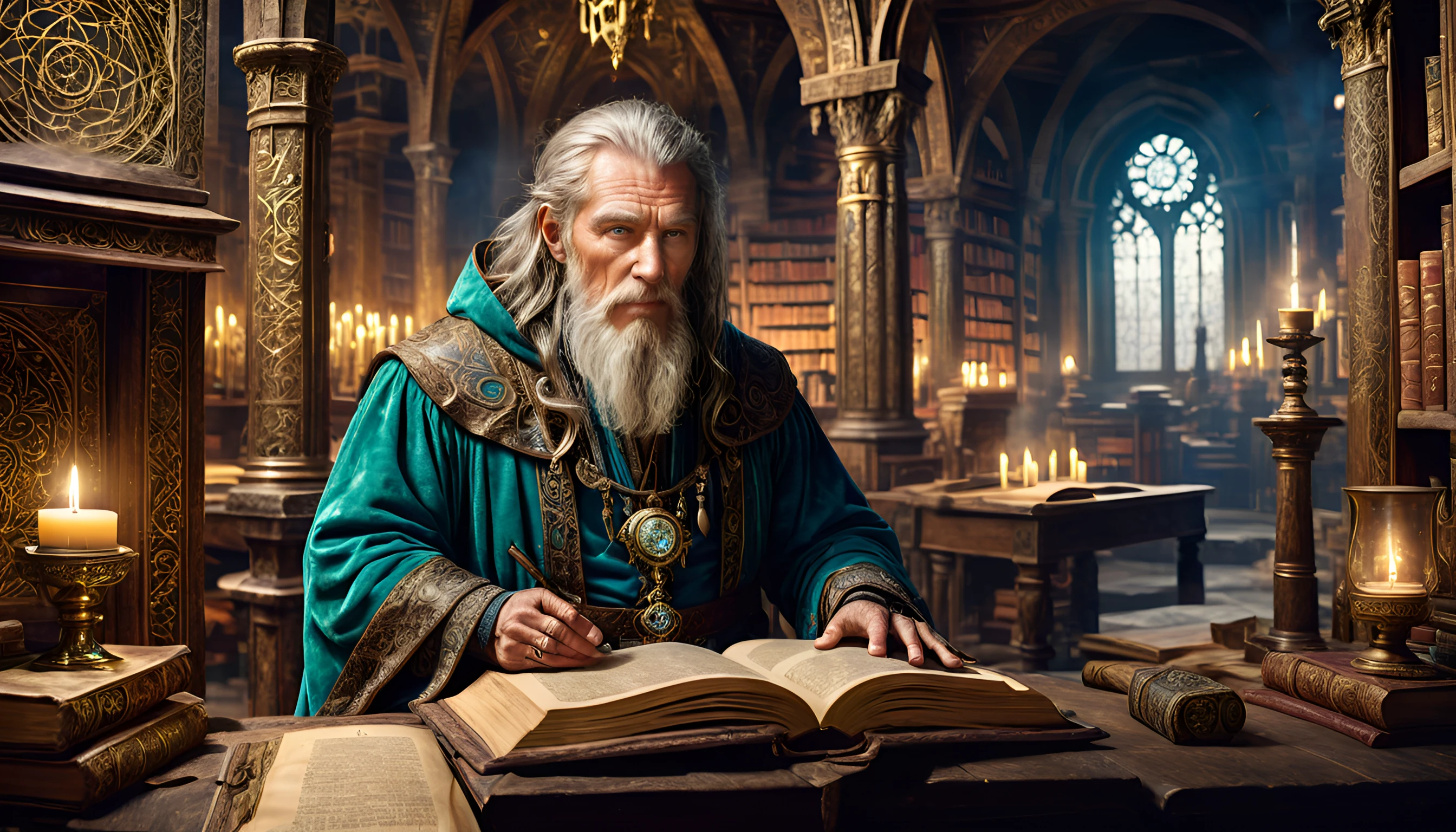 a grizzled wizard in an ornate robe, reading over an ancient dusty tome filled with magical runes in a old ancient library, 4k, hyper detailed, masterpiece, sharp focus on face, detailed textured skin, perfect eyes, bokeh <lora:SDXLFaeTastic2400:1.0>,