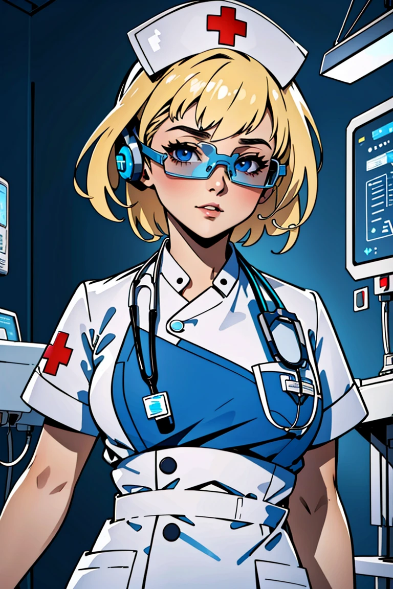 ((masterpiece, best quality,lower_body)), operating table,medical monitors,hospital bed,   <lora:cybr_nrs_v1.0-000006:0.8> (cyber_nrs,, 1girl, short sleeves, headphones, nurse cap, nurse, name tag, tinted eyewear, stethoscope,cybernetic, futuristic), , <lora:Maxine_MightyMax_Leaf2:0.7> (maxine, blonde hair, blue eyes),