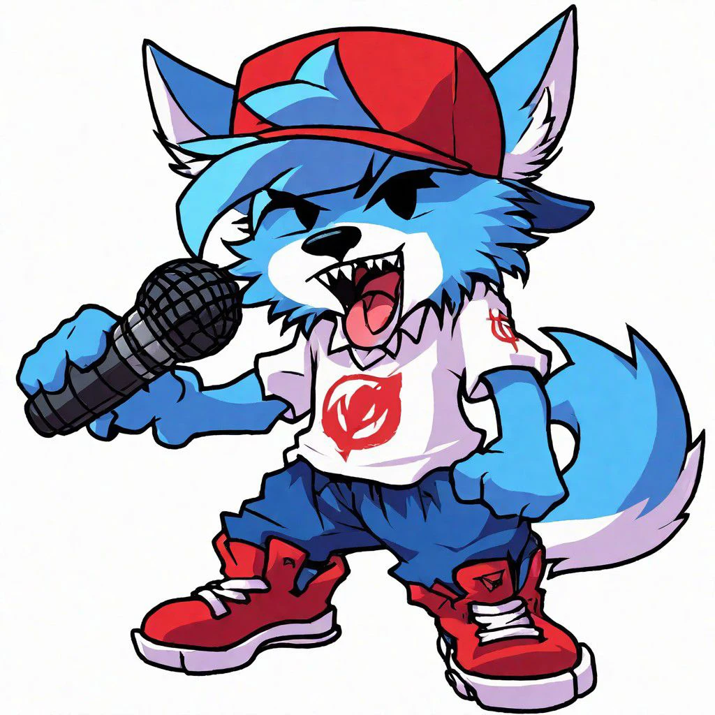 1boy, cartoon, wolf ears, red hat, baseball cap, backwards hat, white shirt,  red cancel logo on shirt, blue fur, wolf boy, wolf tail, ripped cloths, baggy pants, big shoes, claws, mic, holding mic, black eyes, fangs, chibi, v-shaped eyebrows, singing