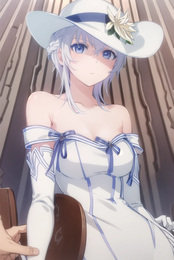 seitenshi, <lora:seitenshi s1-lora-nochekaiser:1>,
seitenshi, short hair, braid, white hair, (grey eyes:1.3),
BREAK gloves, hat, dress, bare shoulders, collarbone, elbow gloves, white gloves, white dress, white headwear, sun hat, long dress, hat flower,
BREAK indoors,
BREAK looking at viewer, (cowboy shot:1.5),
BREAK <lyco:GoodHands-beta2:1>, (masterpiece:1.2), best quality, high resolution, unity 8k wallpaper, (illustration:0.8), (beautiful detailed eyes:1.6), extremely detailed face, perfect lighting, extremely detailed CG, (perfect hands, perfect anatomy),