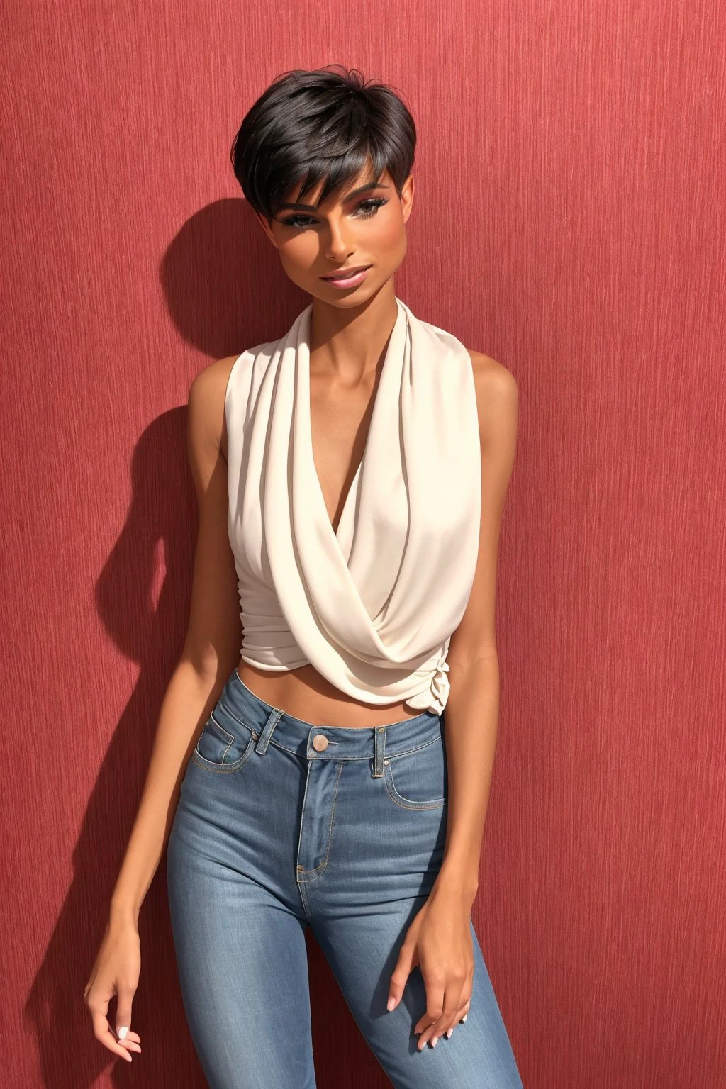 19 years old eveGilles woman, short black messed pixie haircut, wearing straight-leg cropped jeans, bow tie blouse, slip-on sneakers, shawl , hands on the forehead, displaying fatigue or exhaustion, in holographic retina scanner vault, Exquisite Fabrics, Tapestry Samitum tapestry,luxury vinyl tiles, Wall Sconces, fiber optic lighting, sci-fi, <lora:eveGilles_r3_sd15-000009:0.6>