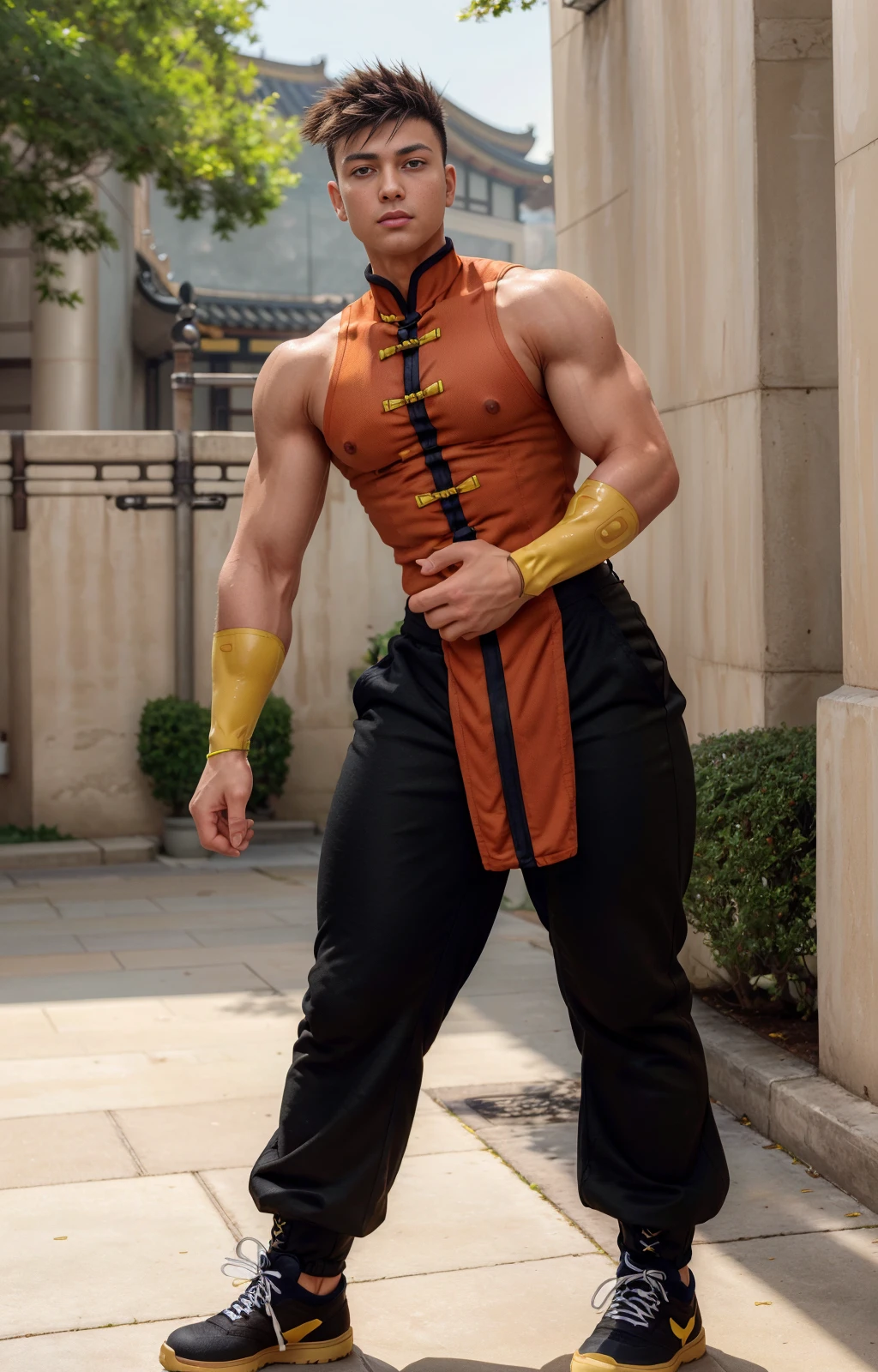 ((best quality)), ((masterpiece)), ((realistic)), (detailed)
muscular male, narrow waist, Slim waist, thick eyebrowns,
, boots, nipples, , ((thin)) , , (sweating, , swet)
, male focus, brown eyes, sunny day,
<lora:Yang_lee:1>
ylee,
(( chinese shirt,))
sleeveless,
spiked hair,
muscled arms,
yellow wristbands,
((black chinese pants,))
black sneakers,
chinese shirtless,