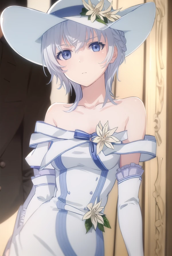 seitenshi, <lora:seitenshi s1-lora-nochekaiser:1>,
seitenshi, short hair, braid, white hair, (grey eyes:1.3),
BREAK gloves, hat, dress, bare shoulders, collarbone, elbow gloves, white gloves, white dress, white headwear, sun hat, long dress, hat flower,
BREAK indoors,
BREAK looking at viewer, (cowboy shot:1.5),
BREAK <lyco:GoodHands-beta2:1>, (masterpiece:1.2), best quality, high resolution, unity 8k wallpaper, (illustration:0.8), (beautiful detailed eyes:1.6), extremely detailed face, perfect lighting, extremely detailed CG, (perfect hands, perfect anatomy),